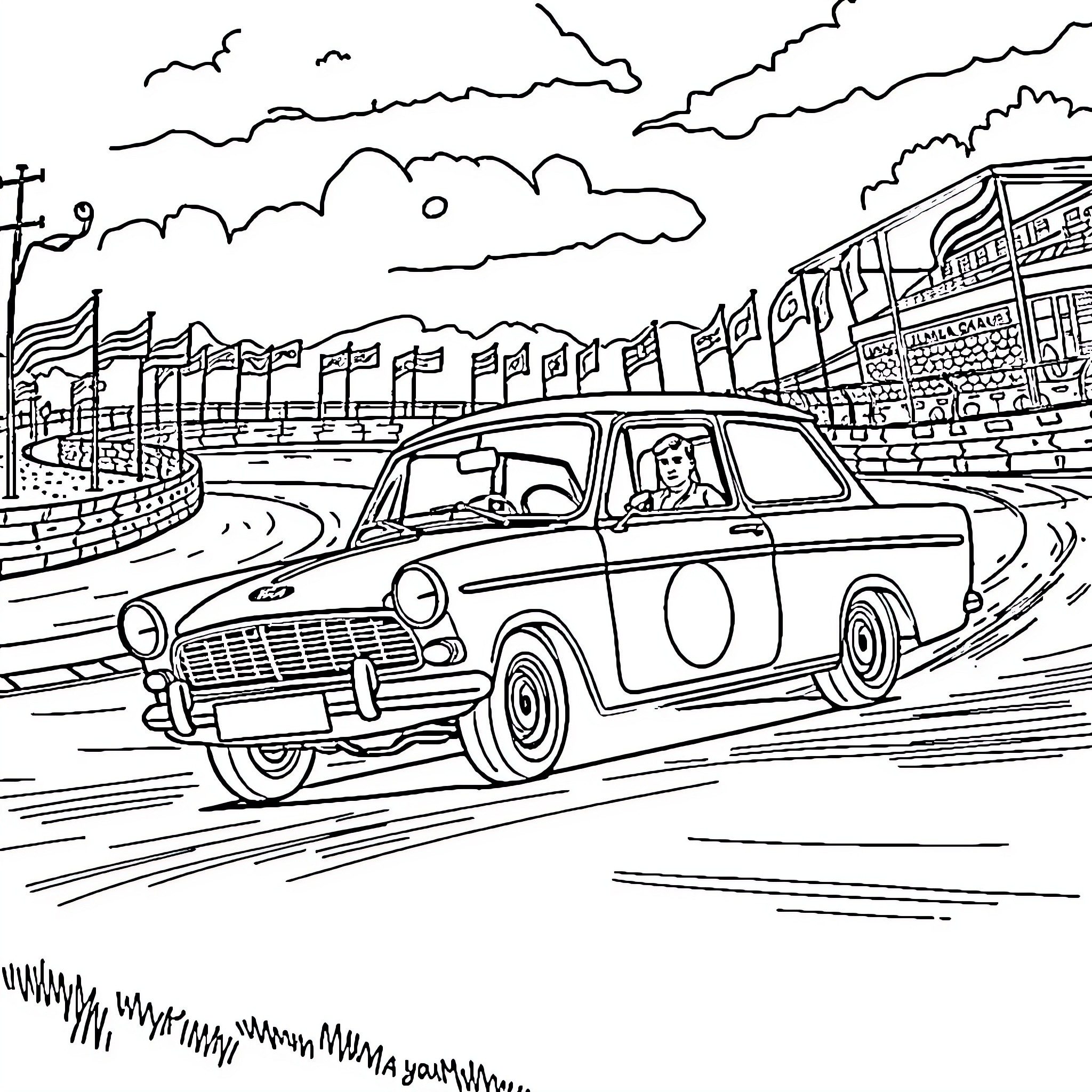 Ford Anglia driving through city streets Coloring Page (free black-and-white line drawing printable PDF for all, from beginners to advanced learners, including children, teens, adults, and seniors)