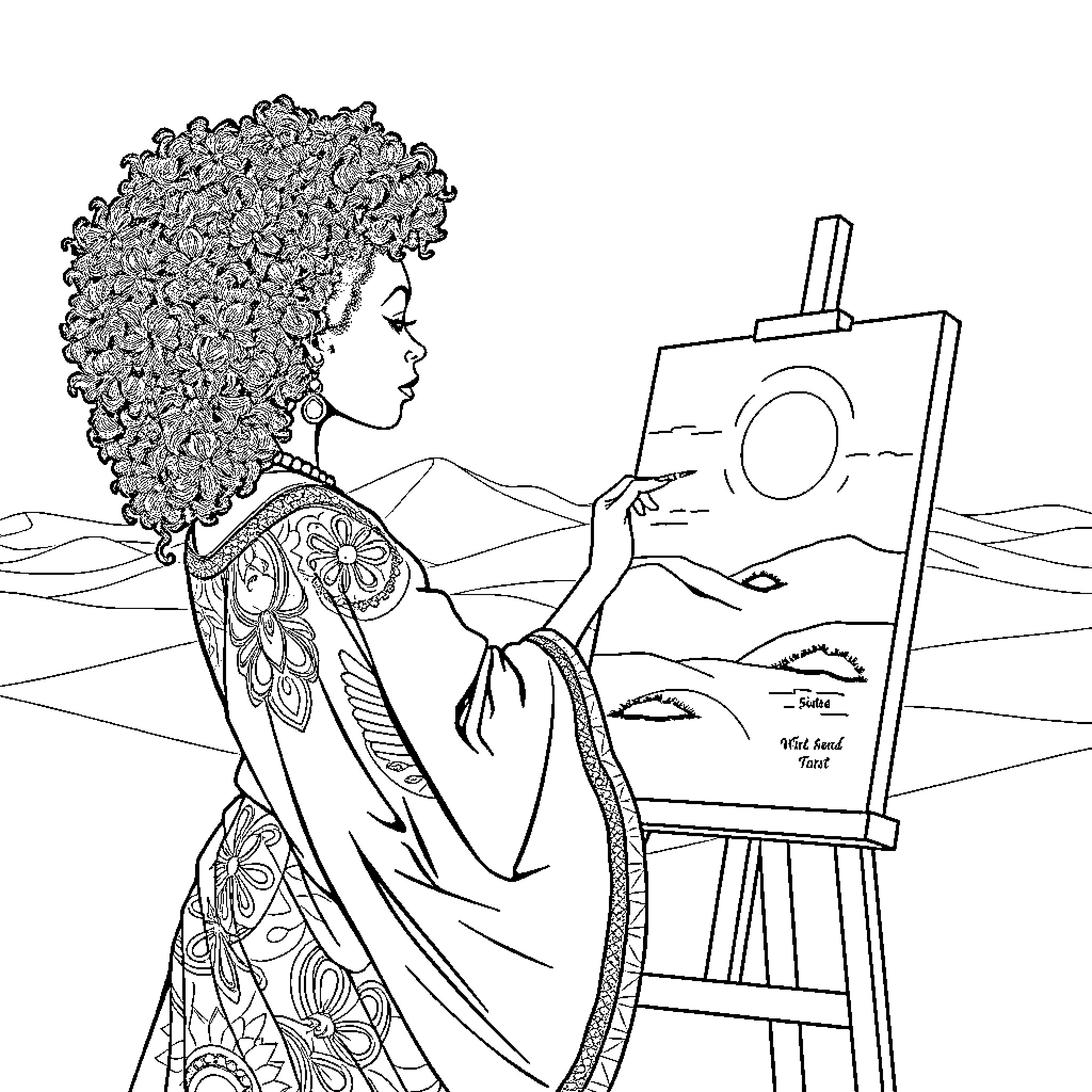 Lady Painting a Scenic Landscape Coloring Page (free black-and-white line drawing printable PDF for all, from beginners to advanced learners, including children, teens, adults, and seniors)