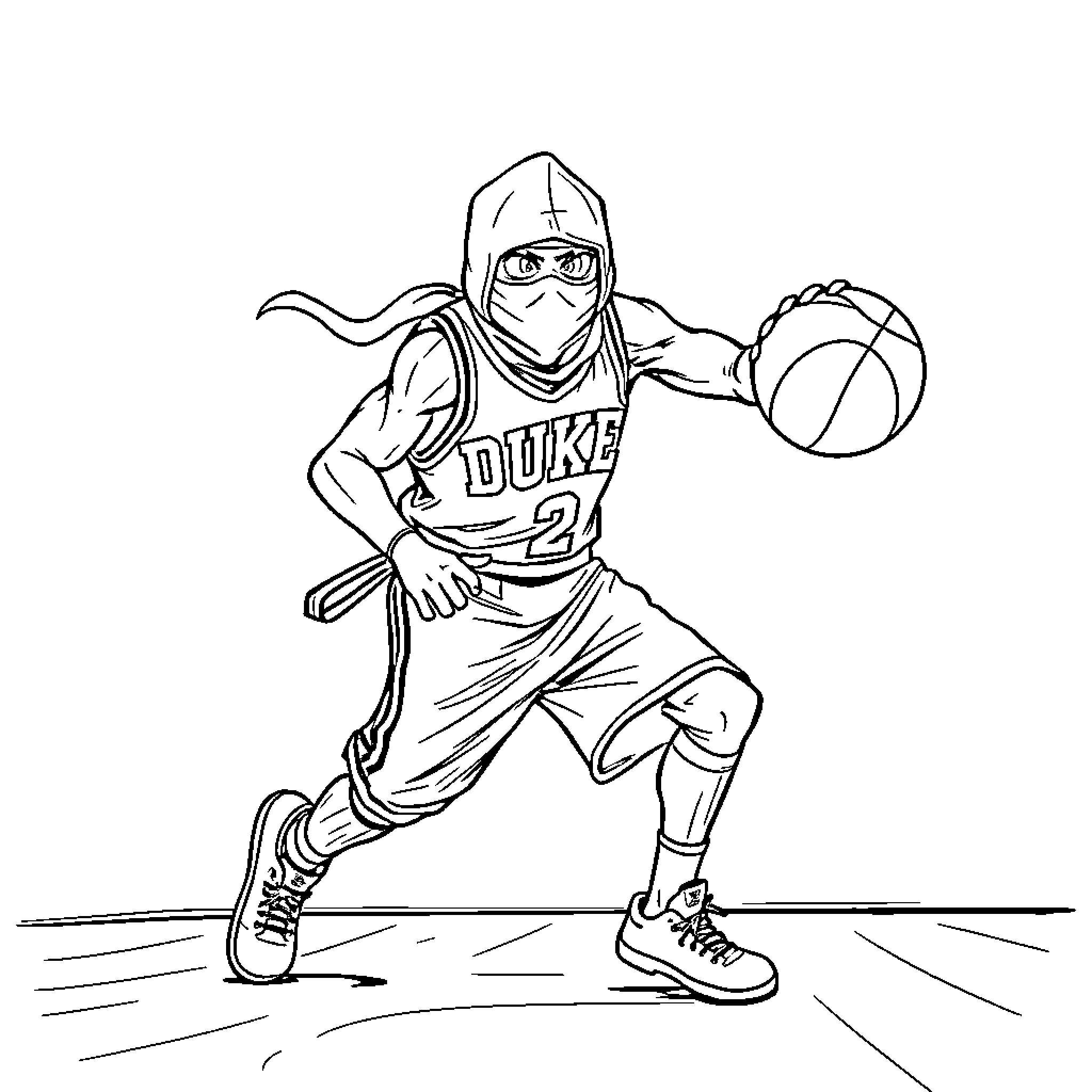 Ninja Basketball Player with Dribbling Skills Coloring Page (free black-and-white line drawing printable PDF for all, from beginners to advanced learners, including children, teens, adults, and seniors)