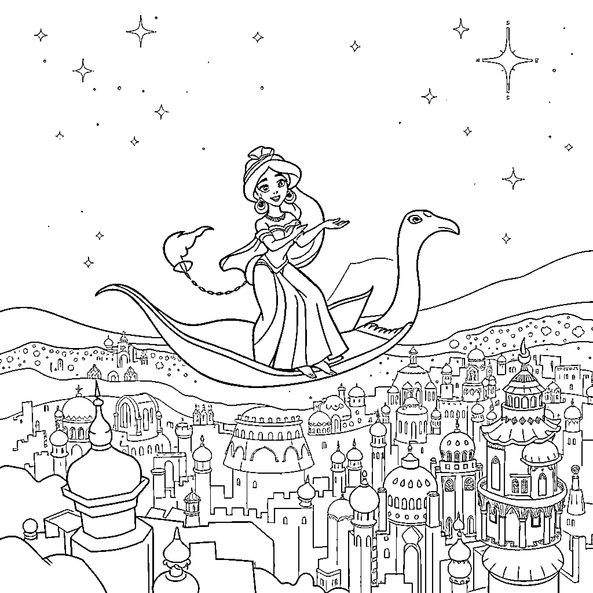 Aladdin riding a magical creature over the city Coloring Page (free black-and-white line drawing printable PDF for all, from beginners to advanced learners, including children, teens, adults, and seniors)