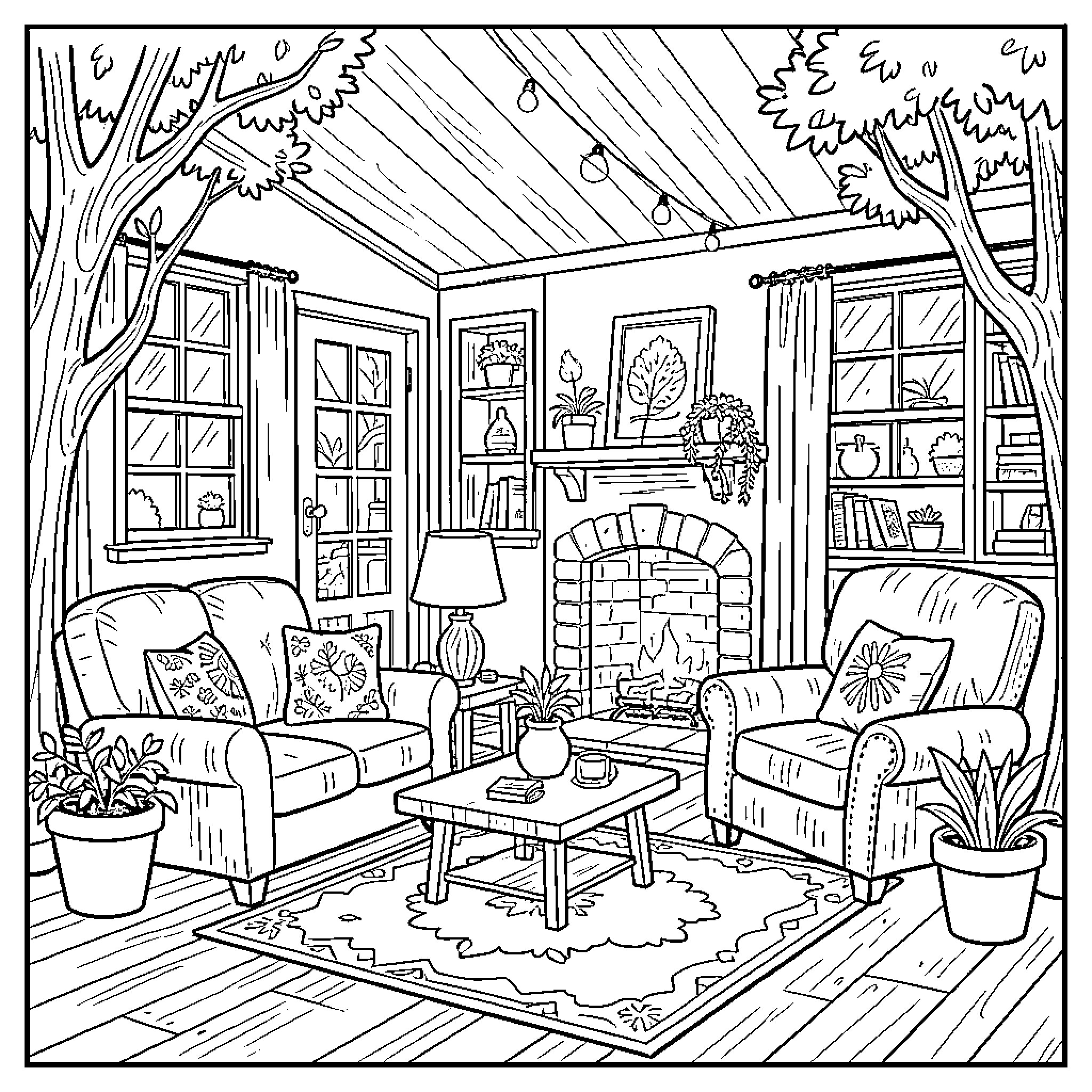 Home Cozy Interior with Fireplace and Furniture Coloring Page (free black-and-white line drawing printable PDF for all, from beginners to advanced learners, including children, teens, adults, and seniors)