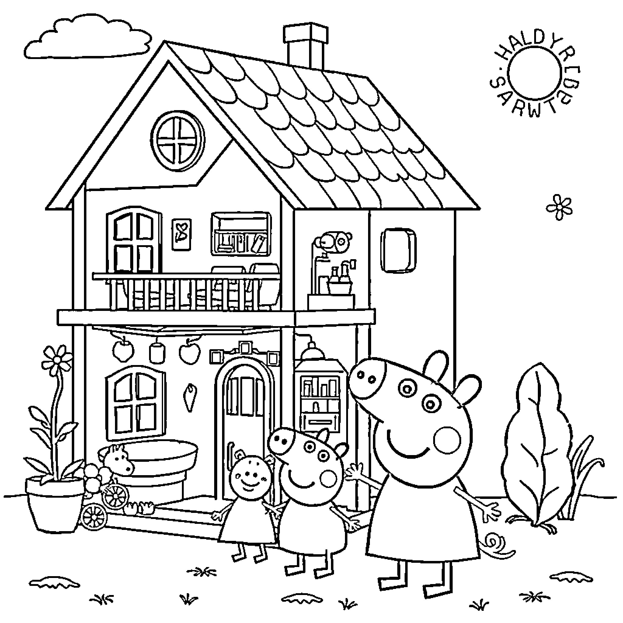 Dollhouse with characters in a playful scene Coloring Page (free black-and-white line drawing printable PDF for all, from beginners to advanced learners, including children, teens, adults, and seniors)