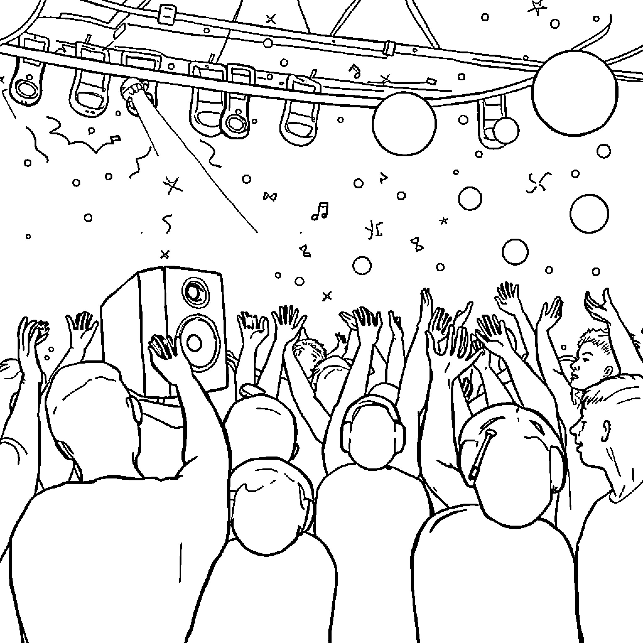 Speaker addressing an enthusiastic crowd Coloring Page (free black-and-white line drawing printable PDF for all, from beginners to advanced learners, including children, teens, adults, and seniors)