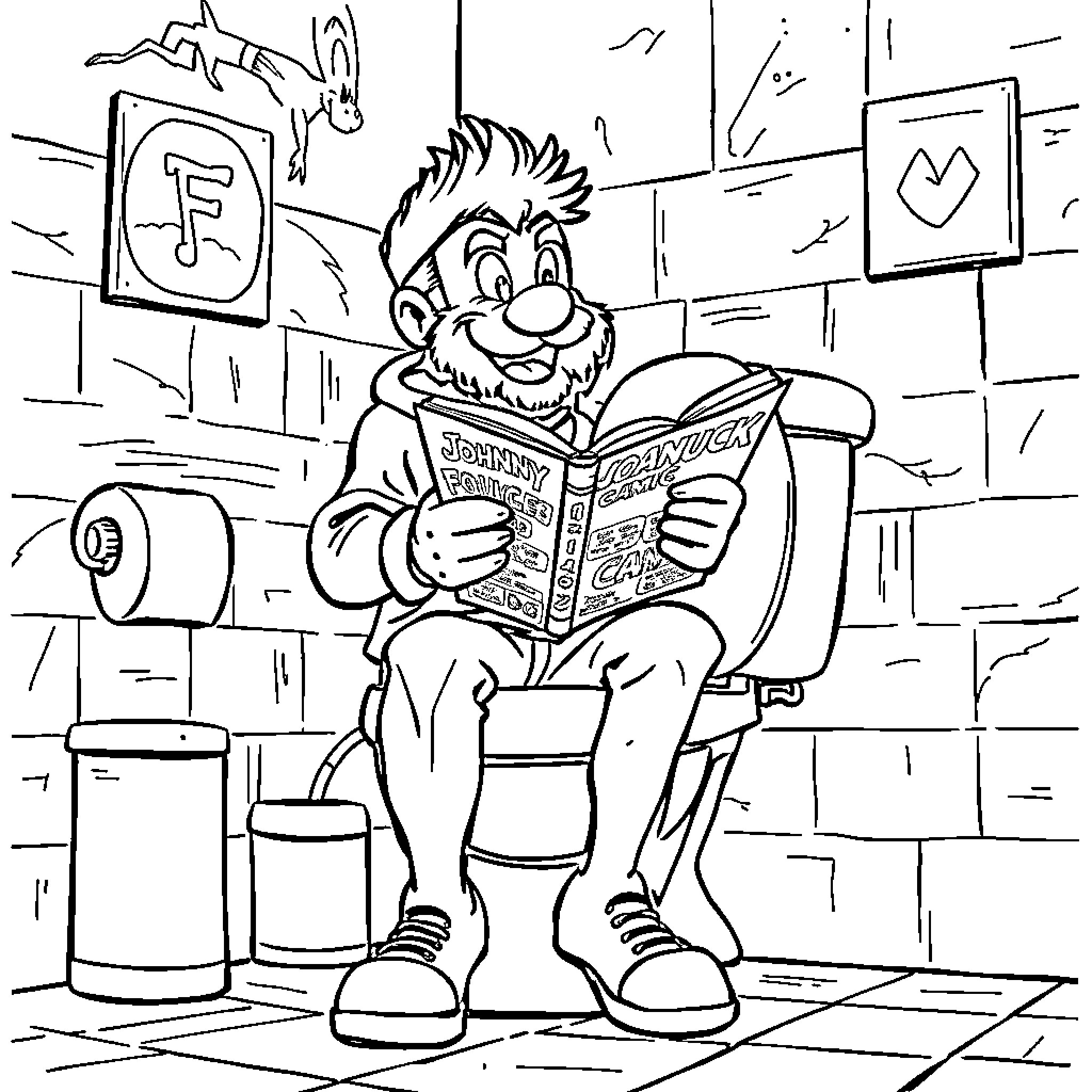 Johnny Canuck reads sports newspaper in the locker room Coloring Page (free black-and-white line drawing printable PDF for all, from beginners to advanced learners, including children, teens, adults, and seniors)