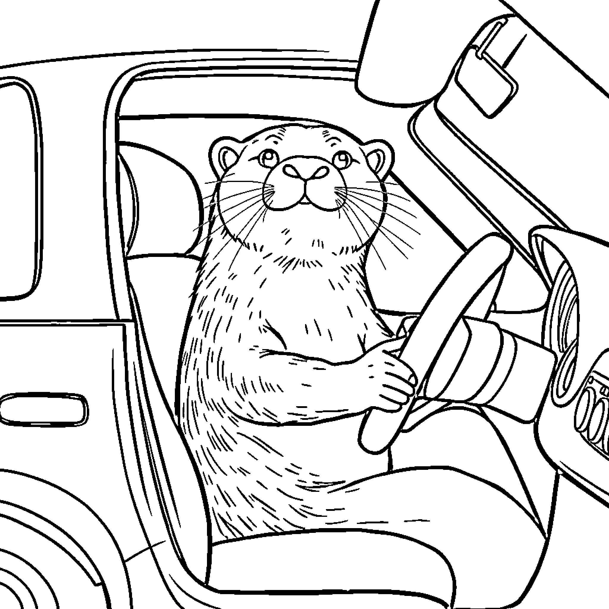 Otter driving a car with excitement Coloring Page (free black-and-white line drawing printable PDF for all, from beginners to advanced learners, including children, teens, adults, and seniors)