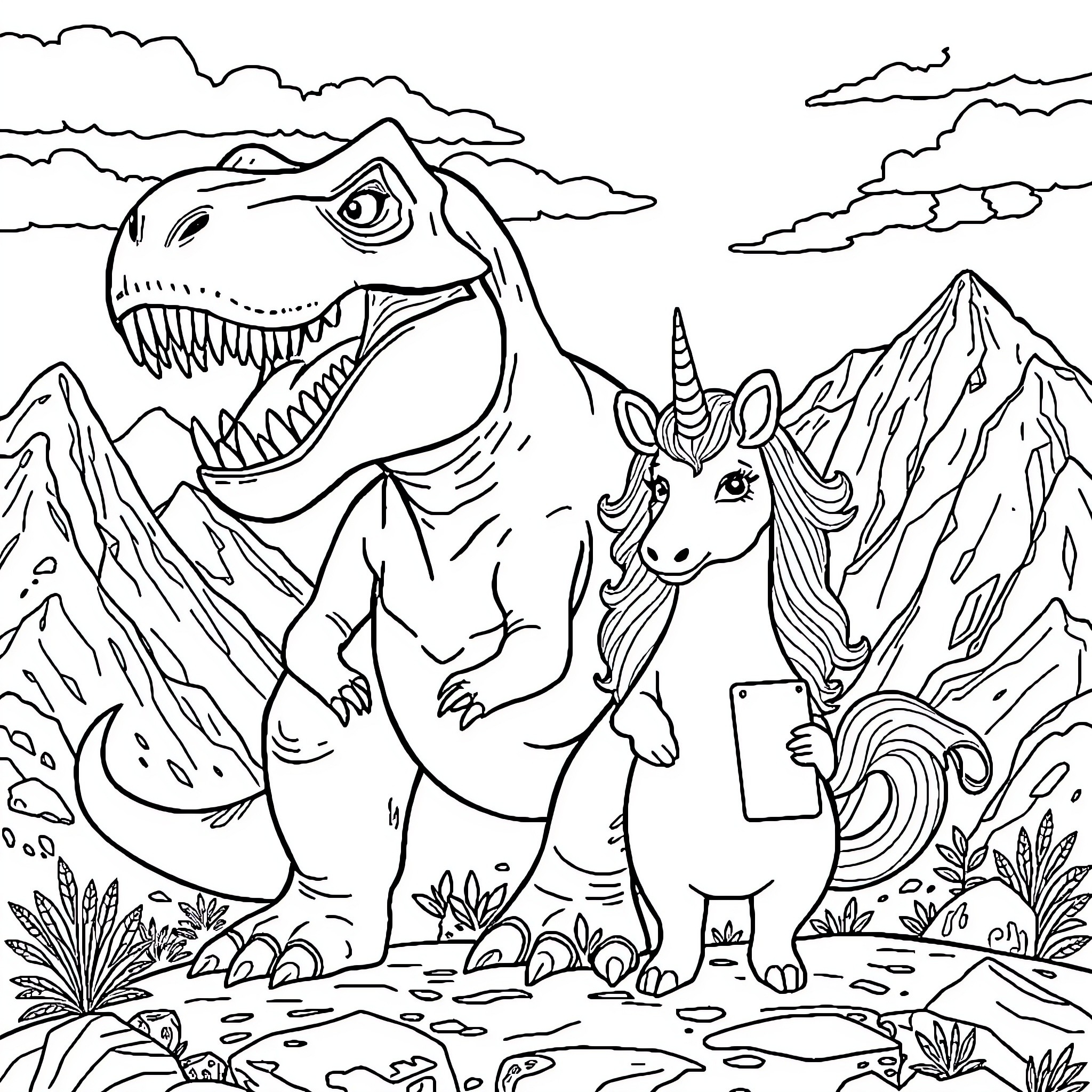 T-Rex Encounters Magical Unicorn in Prehistoric Landscape Coloring Page (free black-and-white line drawing printable PDF for all, from beginners to advanced learners, including children, teens, adults, and seniors)
