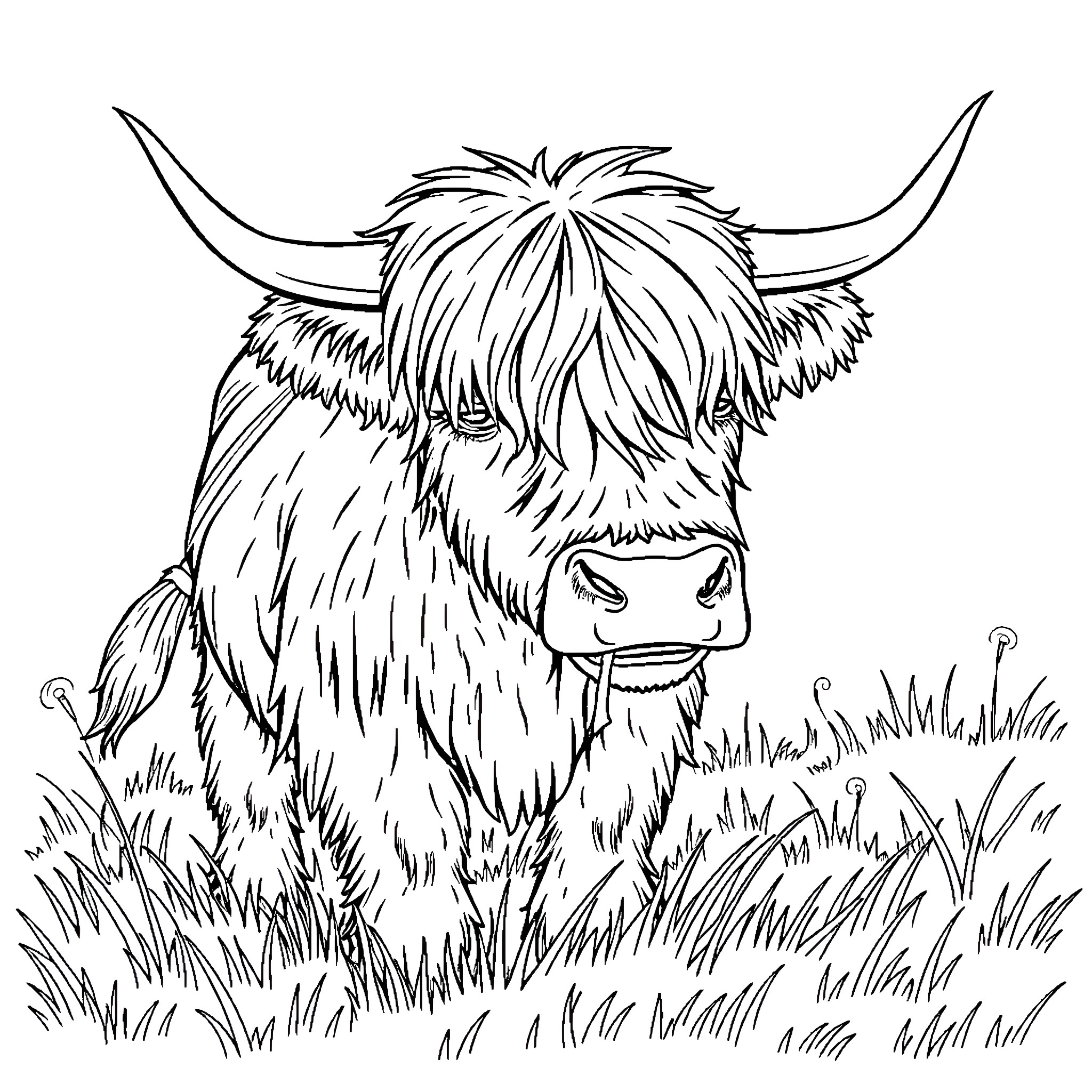 Highland Cow grazing peacefully in the field Coloring Page (free black-and-white line drawing printable PDF for all, from beginners to advanced learners, including children, teens, adults, and seniors)