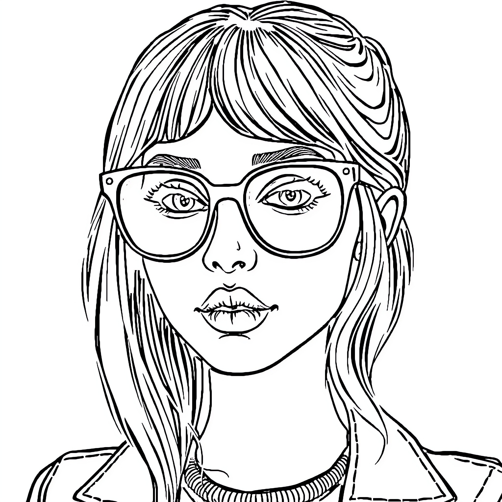 Girl with Glasses and Thoughtful Expression Coloring Page (free black-and-white line drawing printable PDF for all, from beginners to advanced learners, including children, teens, adults, and seniors)