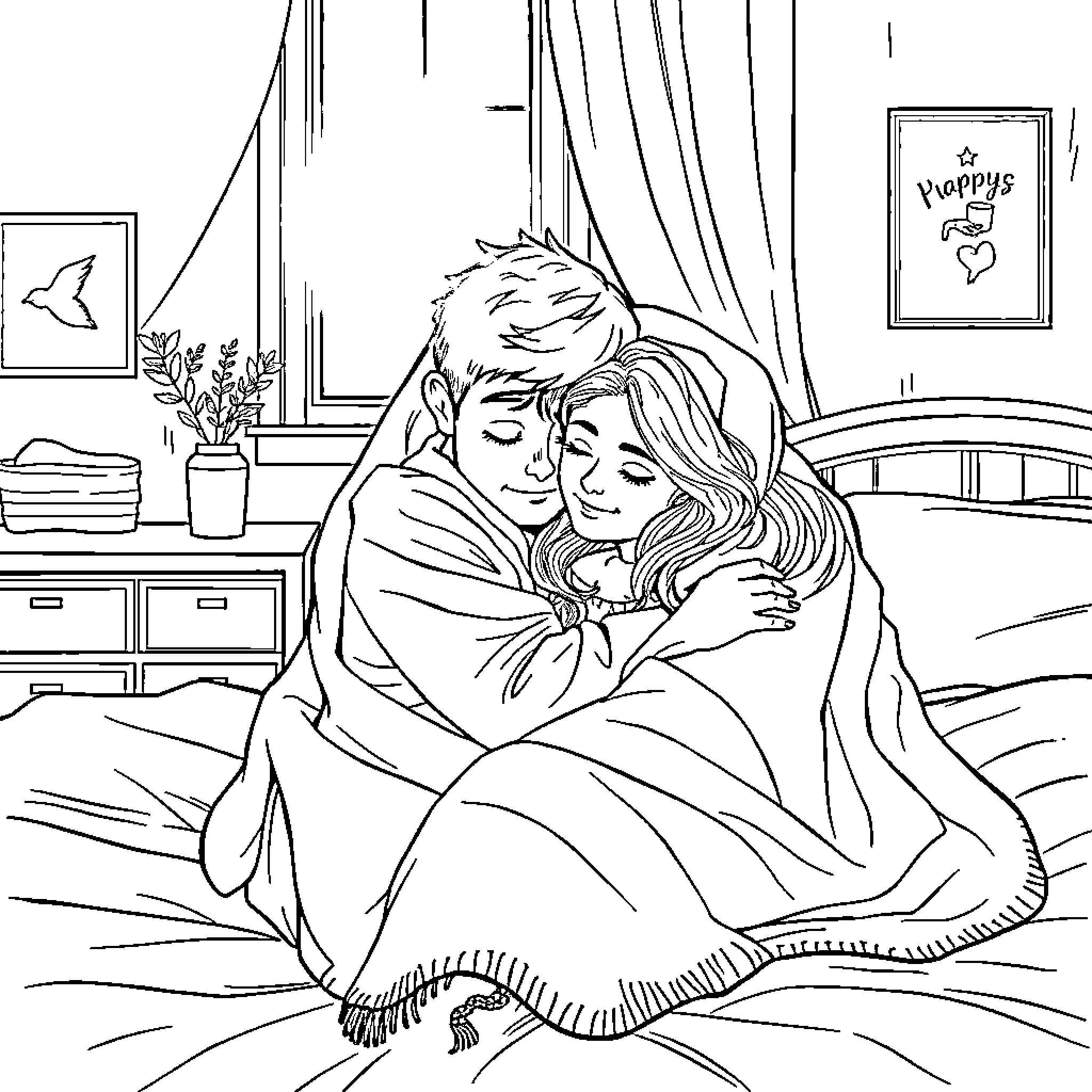 Boy and girl cuddling under blanket in bedroom Coloring Page (free black-and-white line drawing printable PDF for all, from beginners to advanced learners, including children, teens, adults, and seniors)