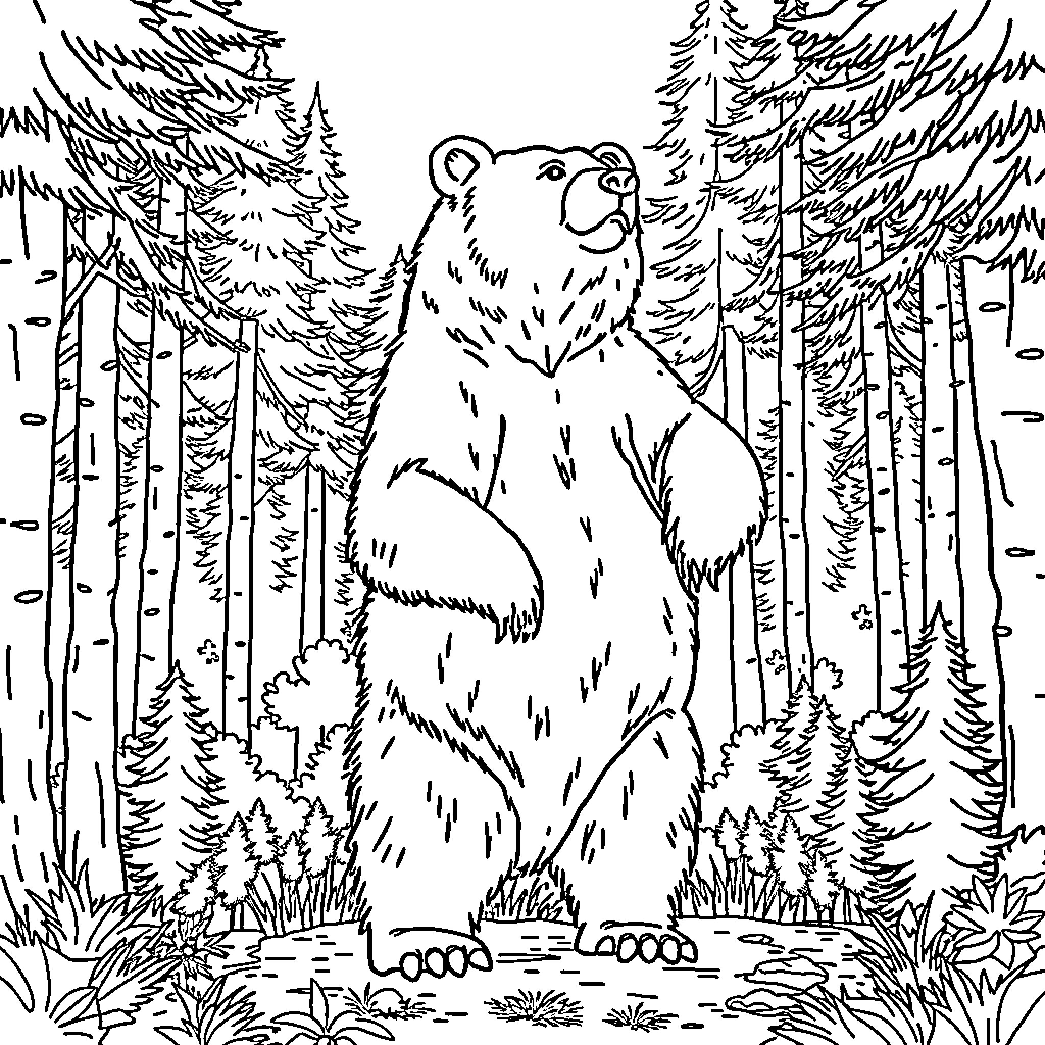 Bear in a Forested Wilderness Coloring Page (free black-and-white line drawing printable PDF for all, from beginners to advanced learners, including children, teens, adults, and seniors)