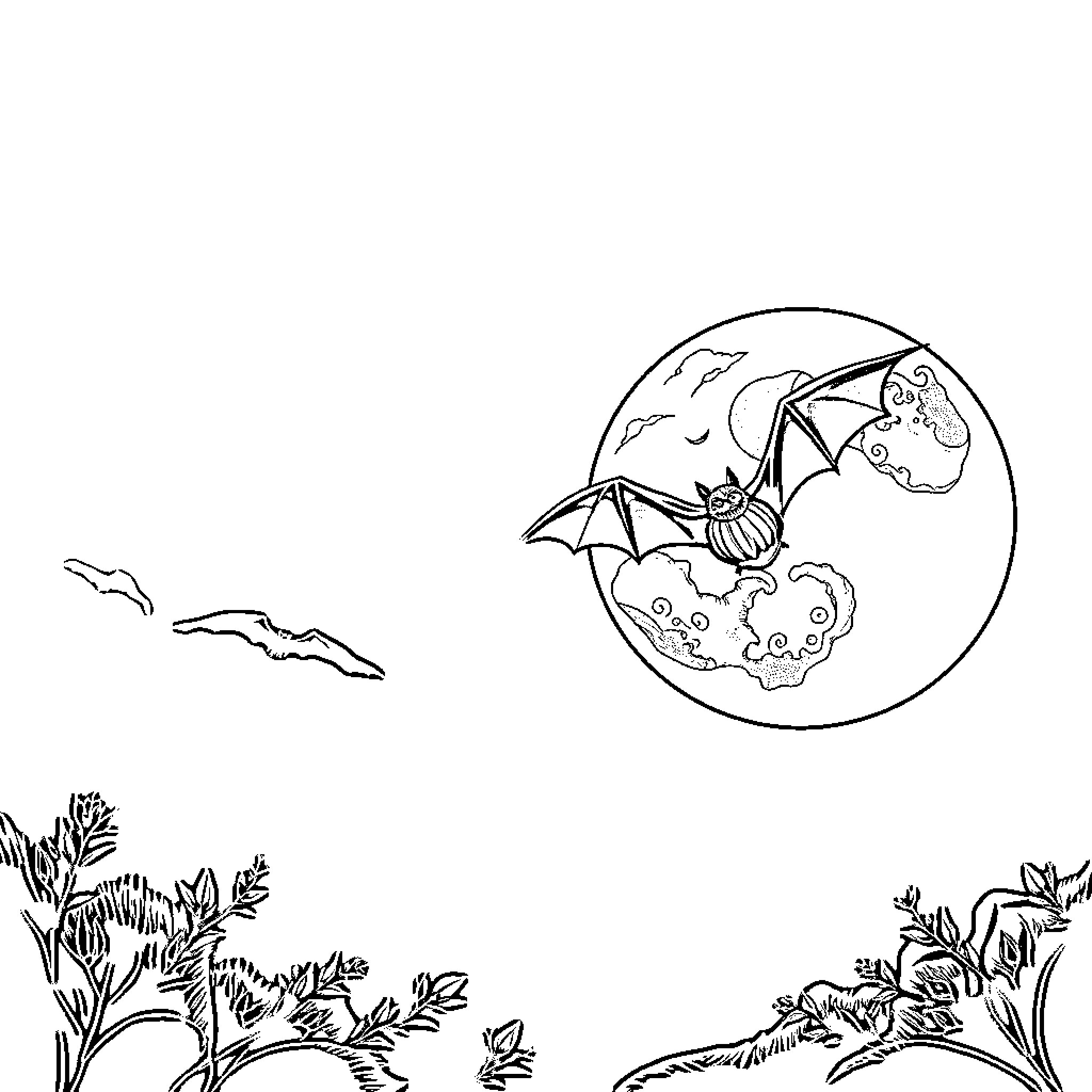 Moon Bat Taking Flight Amidst Foliage Coloring Page (free black-and-white line drawing printable PDF for all, from beginners to advanced learners, including children, teens, adults, and seniors)