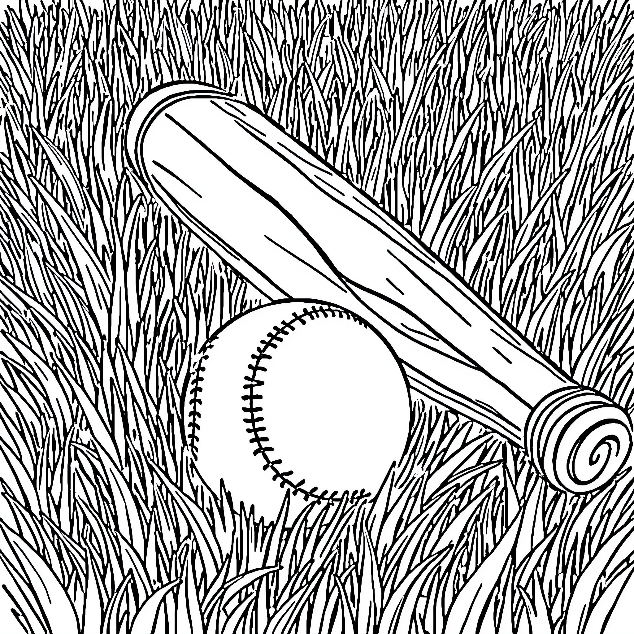 Bat with baseball bat and ball on grass Coloring Page (free black-and-white line drawing printable PDF for all, from beginners to advanced learners, including children, teens, adults, and seniors)