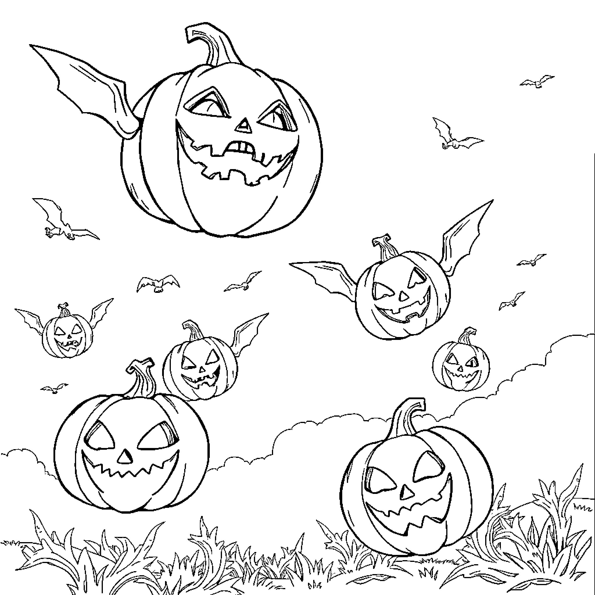 Pumpkin Patch Party with Spooky Jack-o'-lanterns Coloring Page (free black-and-white line drawing printable PDF for all, from beginners to advanced learners, including children, teens, adults, and seniors)