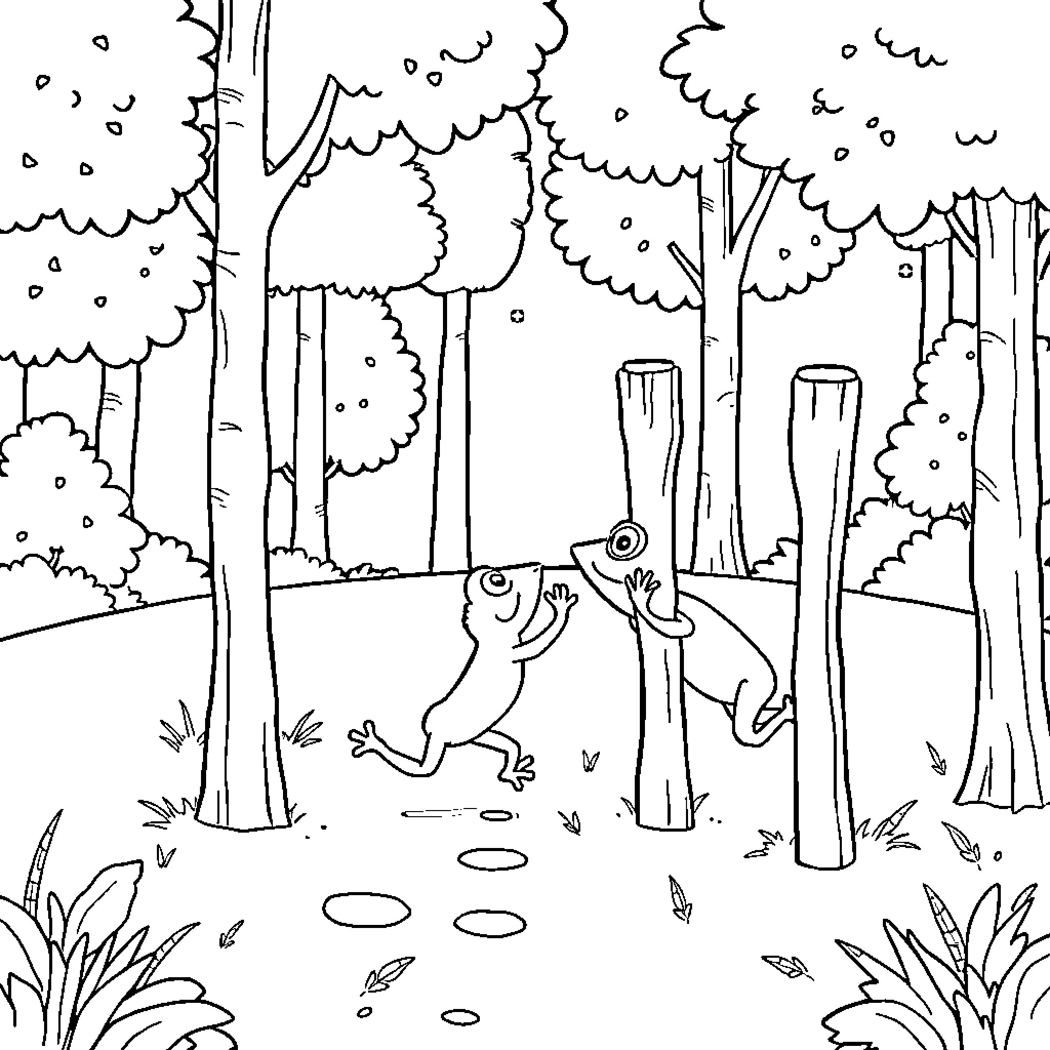 Frog hopping in a peaceful forest Coloring Page (free black-and-white line drawing printable PDF for all, from beginners to advanced learners, including children, teens, adults, and seniors)