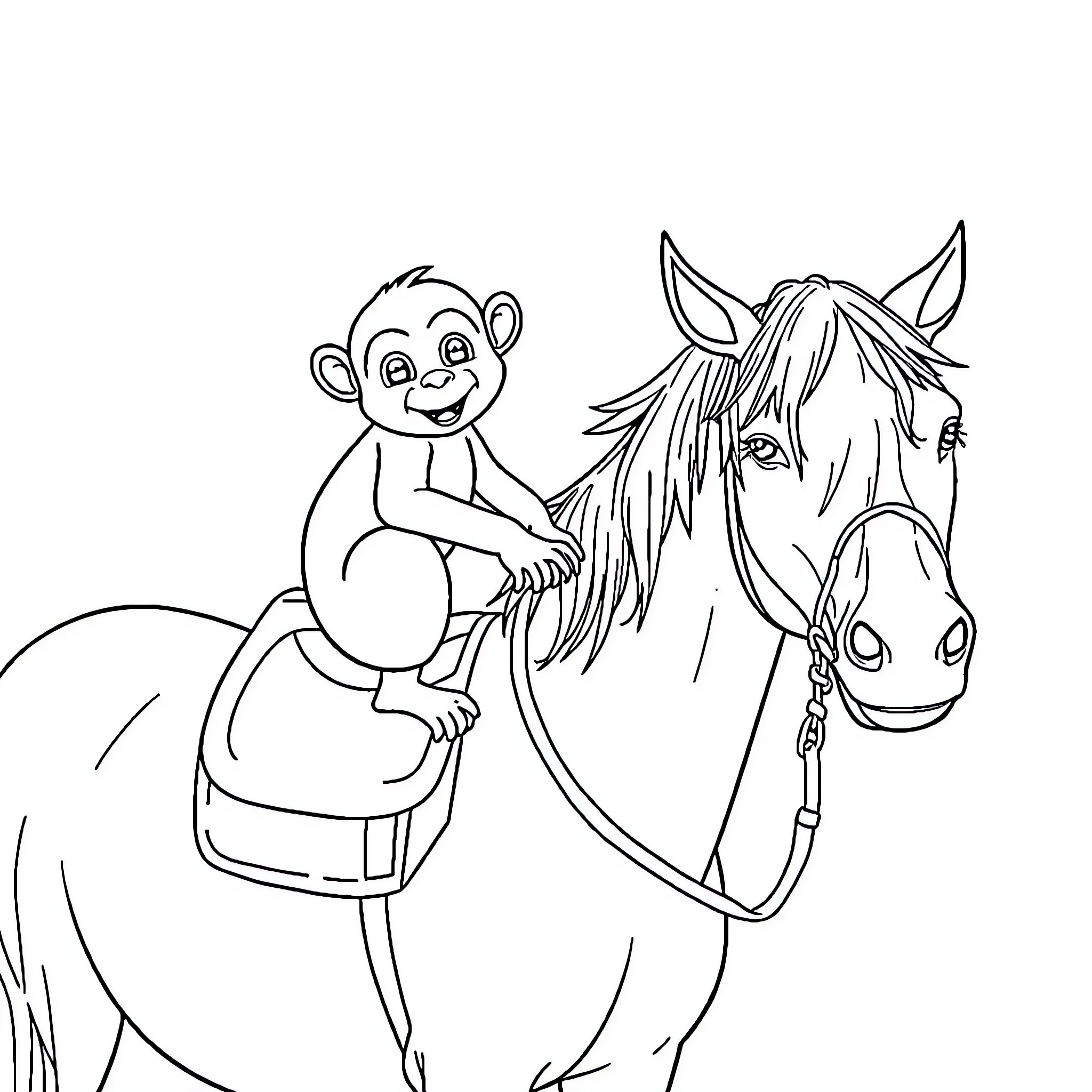 Monkey riding happily on a horse Coloring Page (free black-and-white line drawing printable PDF for all, from beginners to advanced learners, including children, teens, adults, and seniors)