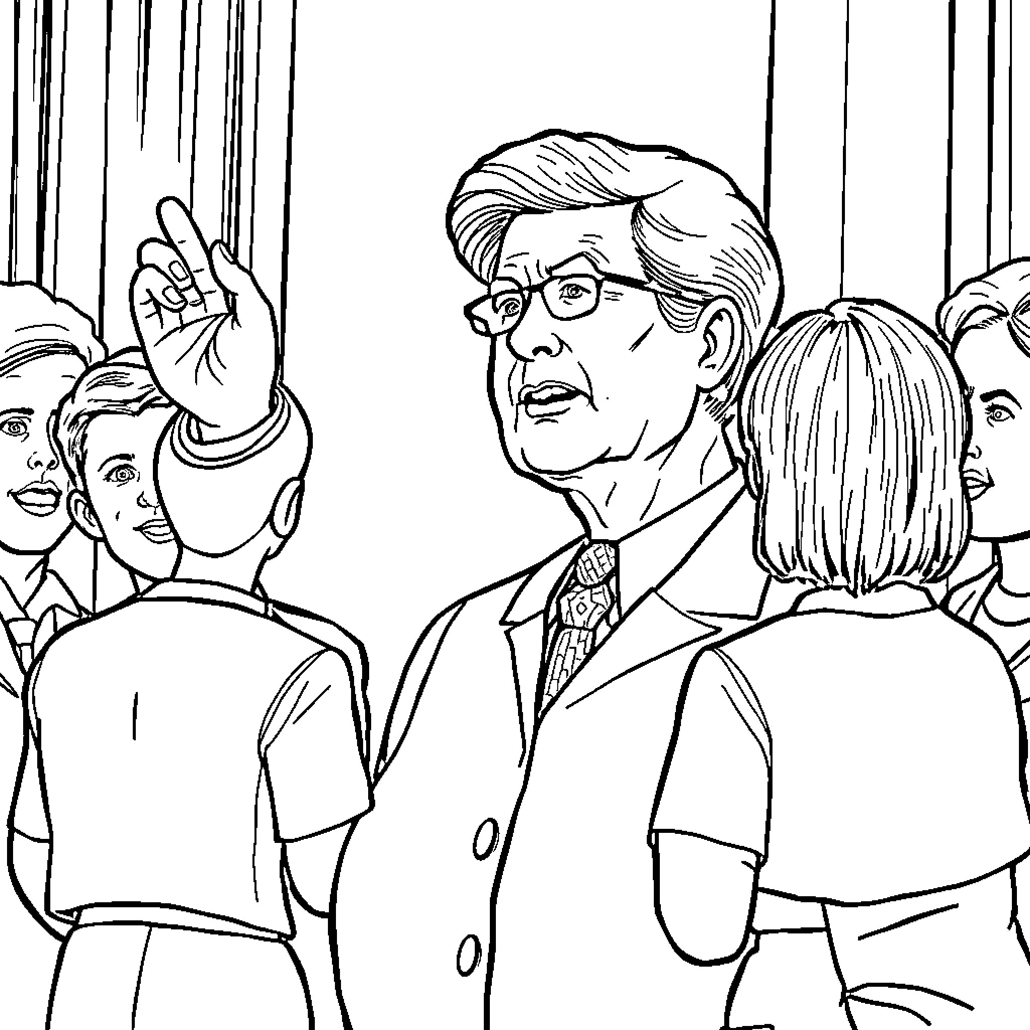 Teacher addressing a classroom of students Coloring Page (free black-and-white line drawing printable PDF for all, from beginners to advanced learners, including children, teens, adults, and seniors)