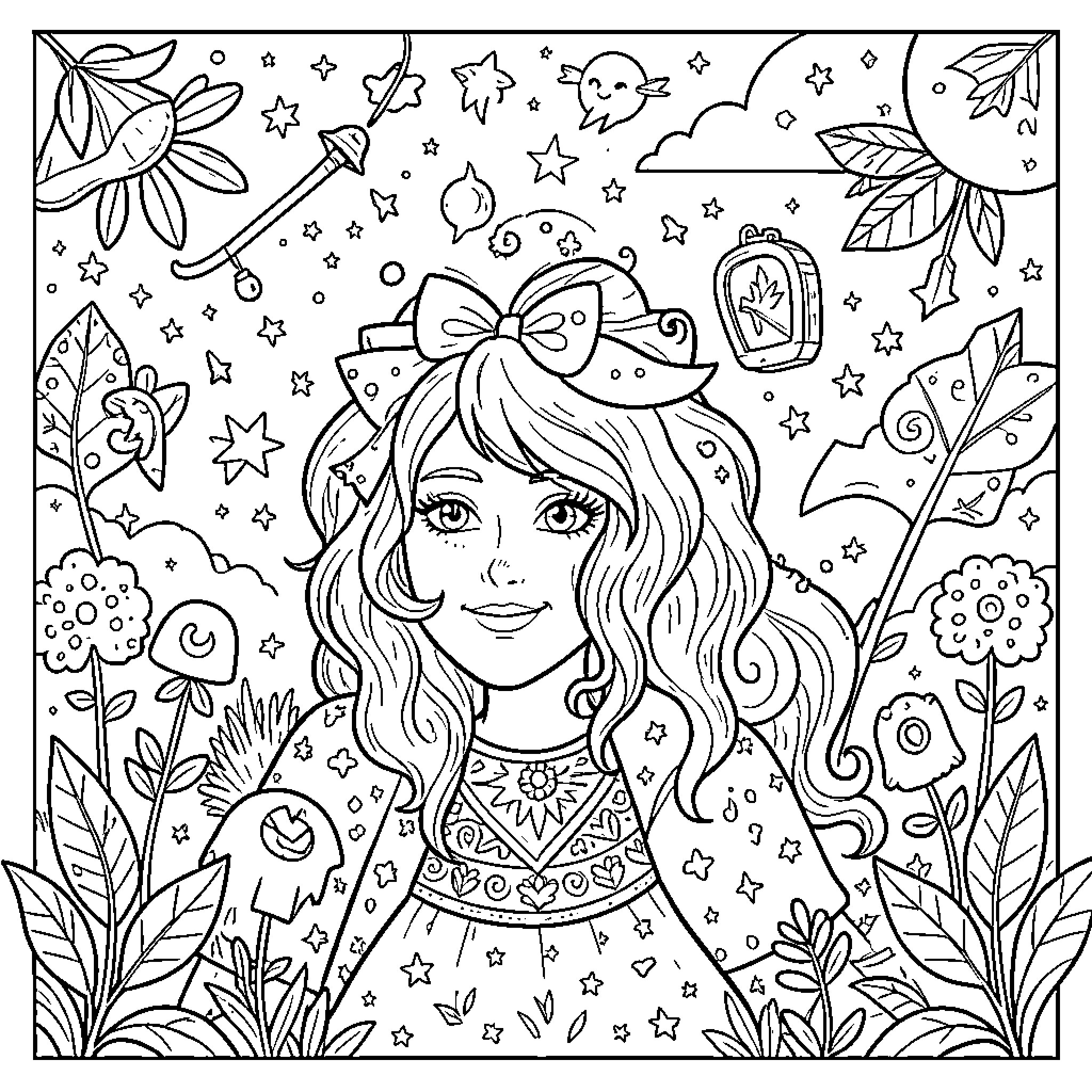 Art of a Girl Surrounded by Whimsical Elements Coloring Page (free black-and-white line drawing printable PDF for all, from beginners to advanced learners, including children, teens, adults, and seniors)