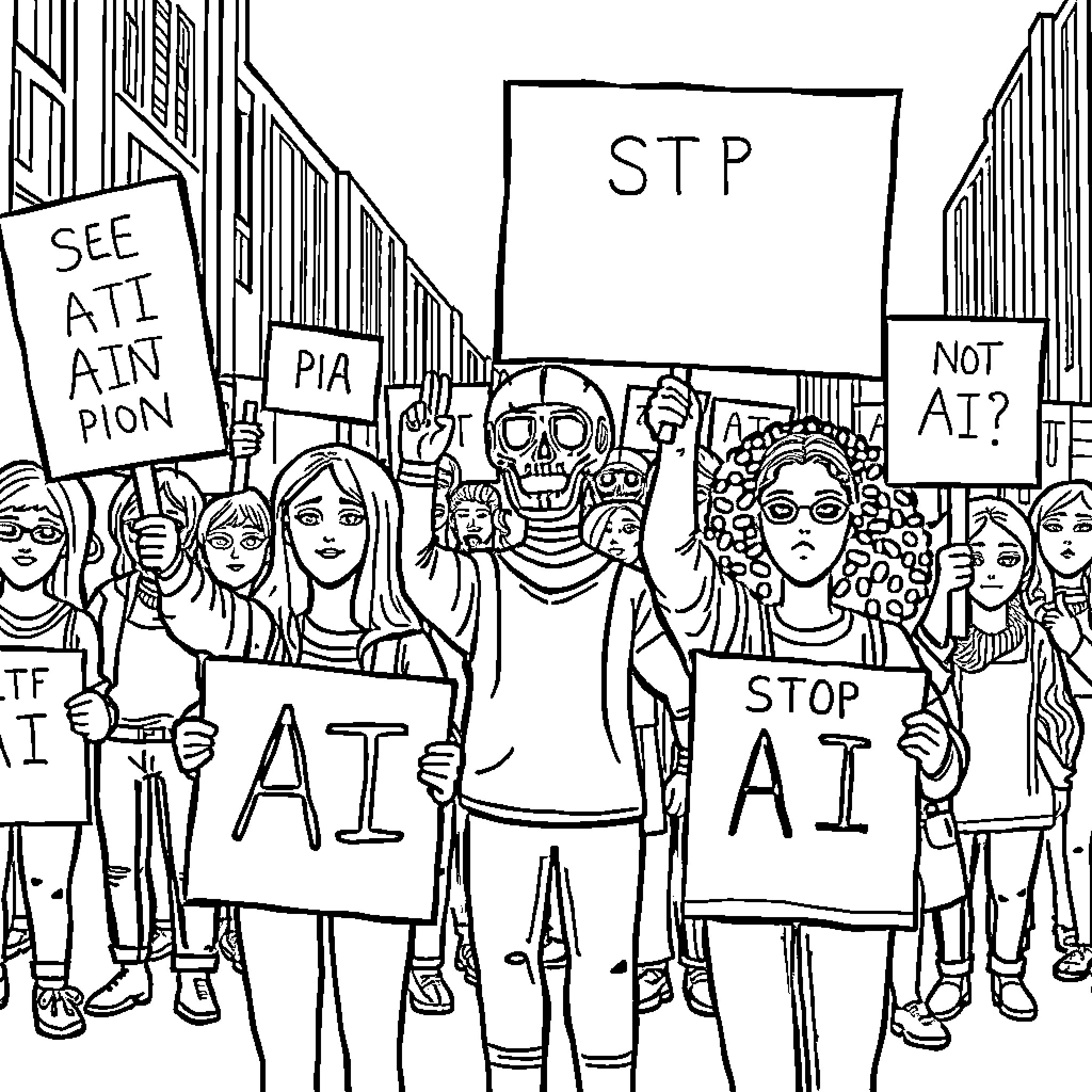 Anti AI protesters demonstrate against artificial intelligence Coloring Page (free black-and-white line drawing printable PDF for all, from beginners to advanced learners, including children, teens, adults, and seniors)