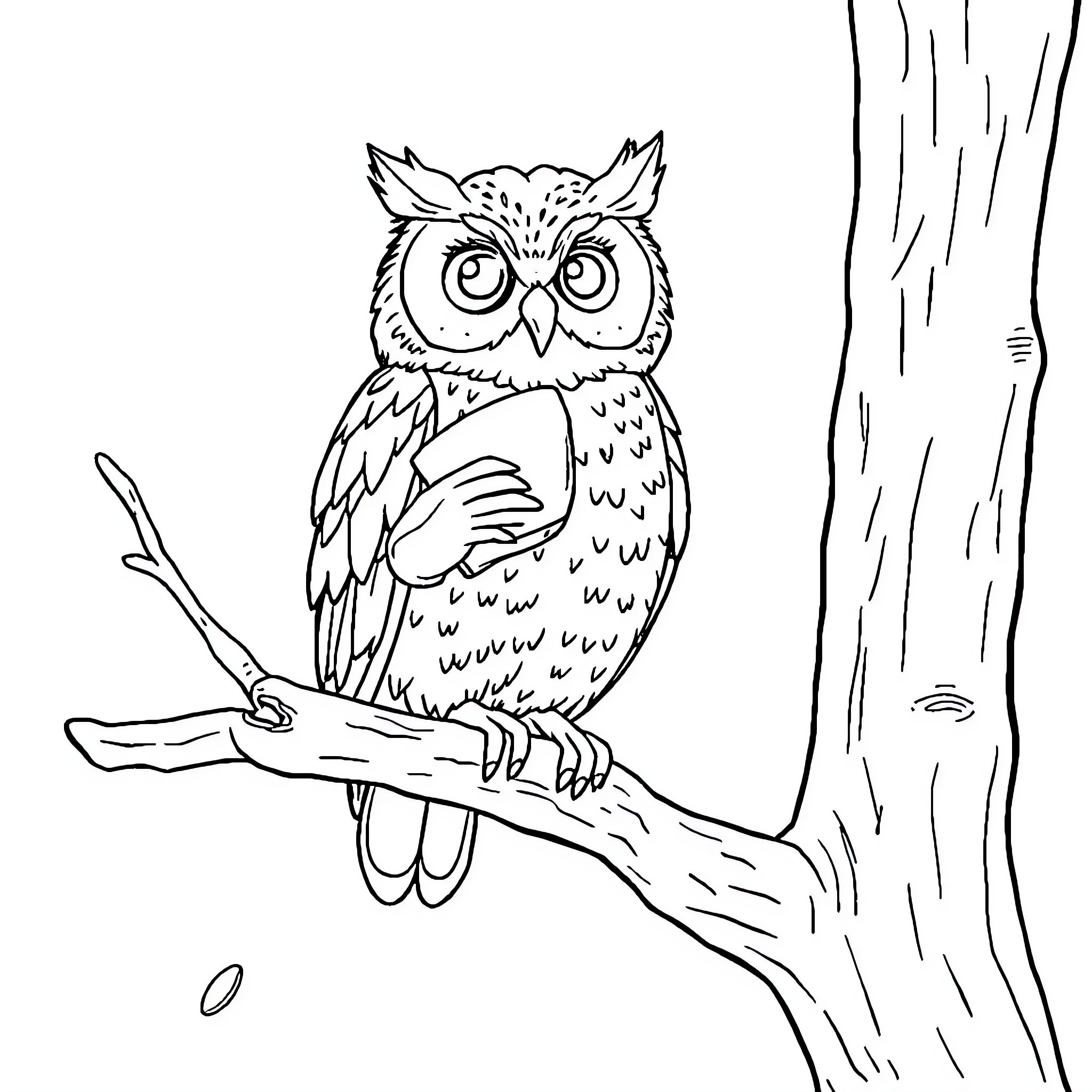Owl perched curiously on tree branch Coloring Page (free black-and-white line drawing printable PDF for all, from beginners to advanced learners, including children, teens, adults, and seniors)