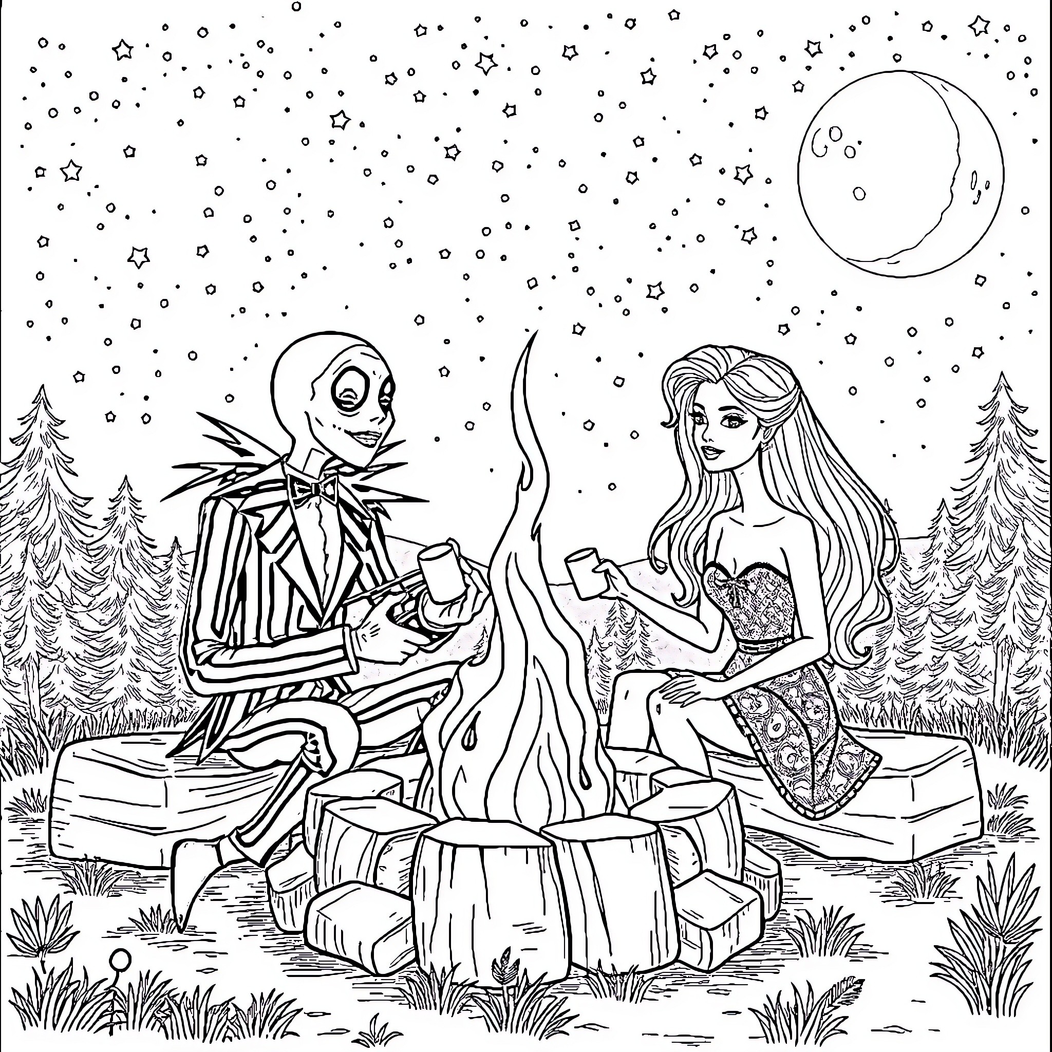 Beetlejuice and Bride Enjoying Nighttime in the Forest Coloring Page (free black-and-white line drawing printable PDF for all, from beginners to advanced learners, including children, teens, adults, and seniors)