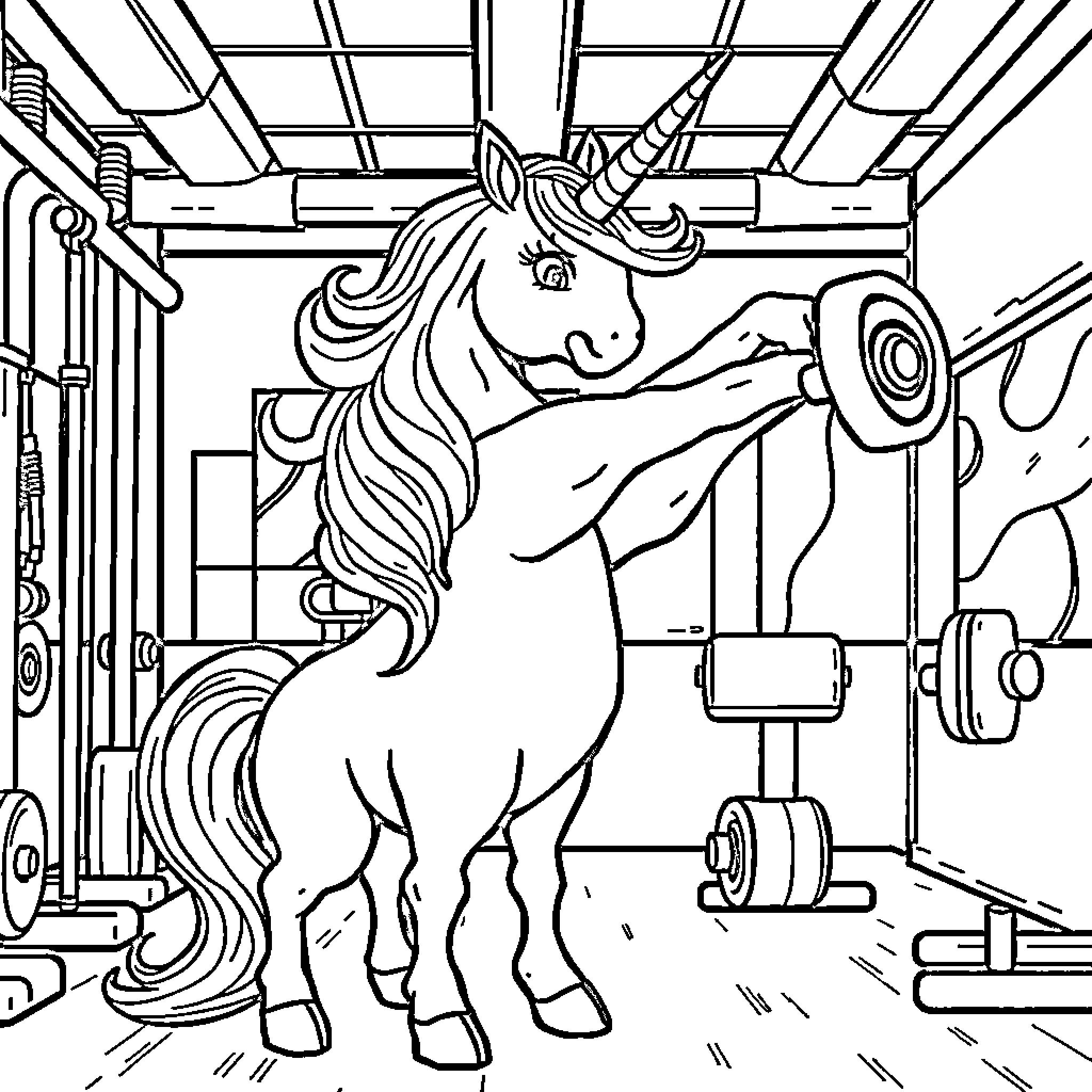 Unicorn exercising in the gym Coloring Page (free black-and-white line drawing printable PDF for all, from beginners to advanced learners, including children, teens, adults, and seniors)