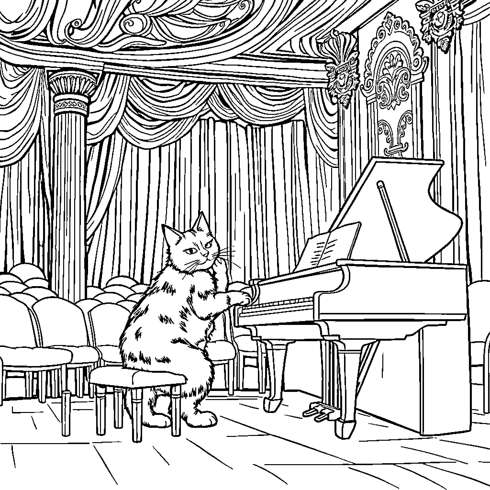 Cat performing on stage in an elegant theater Coloring Page (free black-and-white line drawing printable PDF for all, from beginners to advanced learners, including children, teens, adults, and seniors)