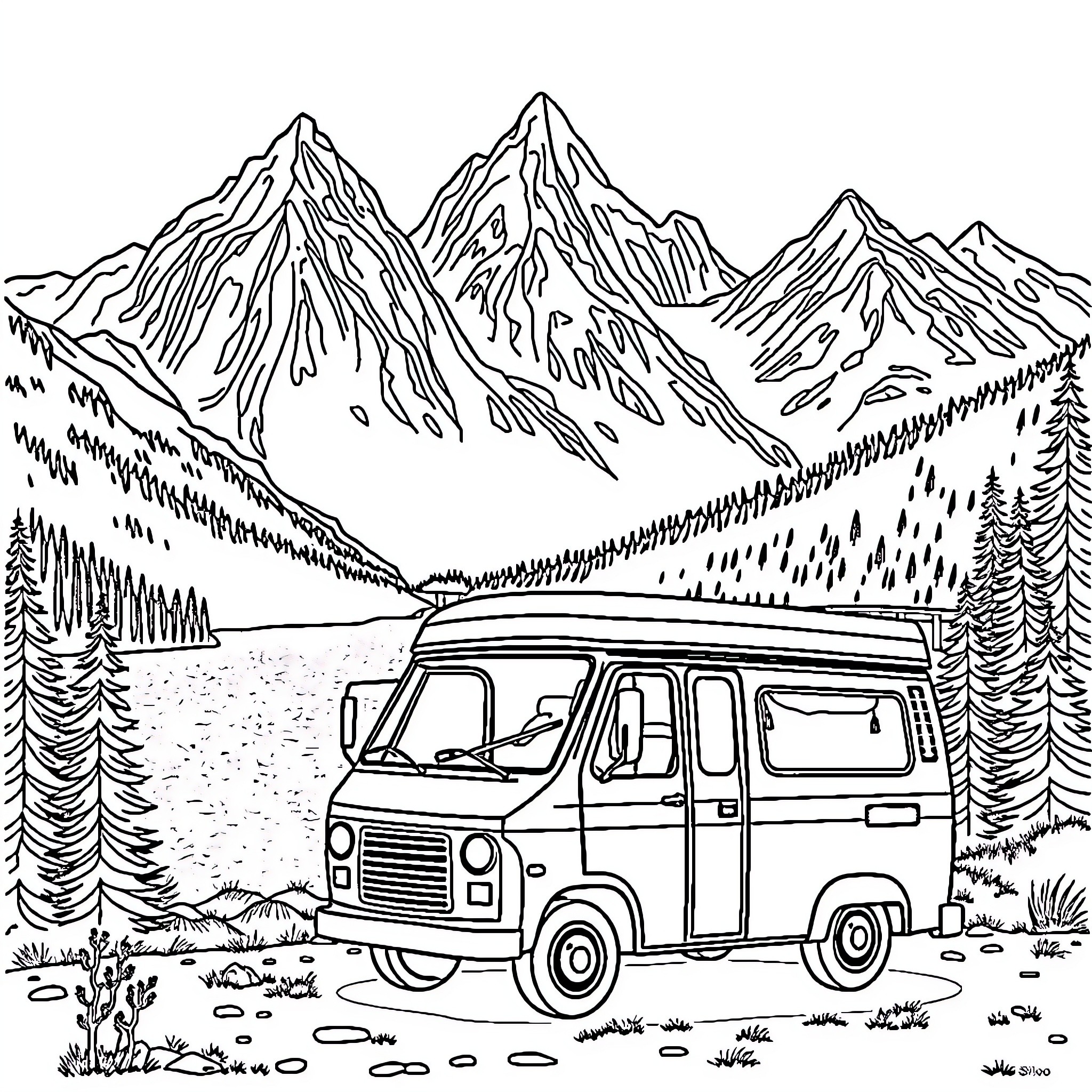 Campervan exploring the serene mountain landscape Coloring Page (free black-and-white line drawing printable PDF for all, from beginners to advanced learners, including children, teens, adults, and seniors)