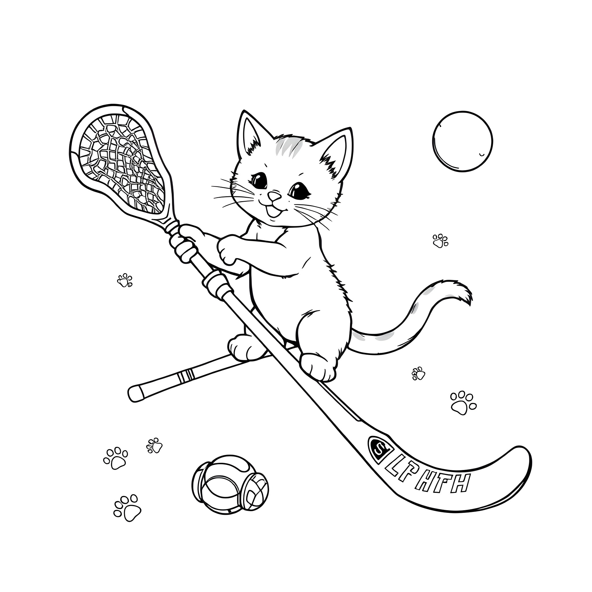 Kitten playing with a lacrosse stick Coloring Page (free black-and-white line drawing printable PDF for all, from beginners to advanced learners, including children, teens, adults, and seniors)