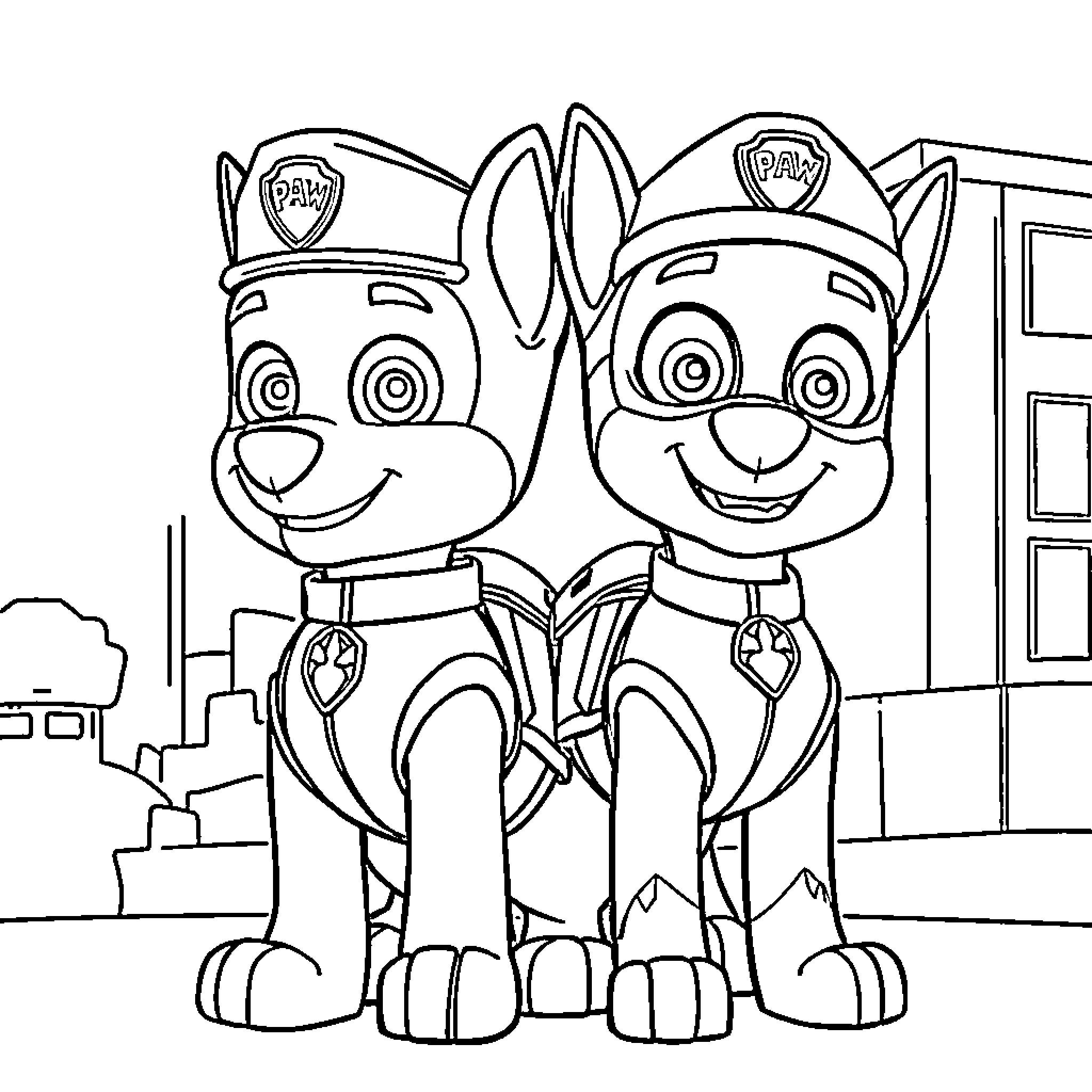Ruben two cheerful puppy rescuers posing together Coloring Page (free black-and-white line drawing printable PDF for all, from beginners to advanced learners, including children, teens, adults, and seniors)