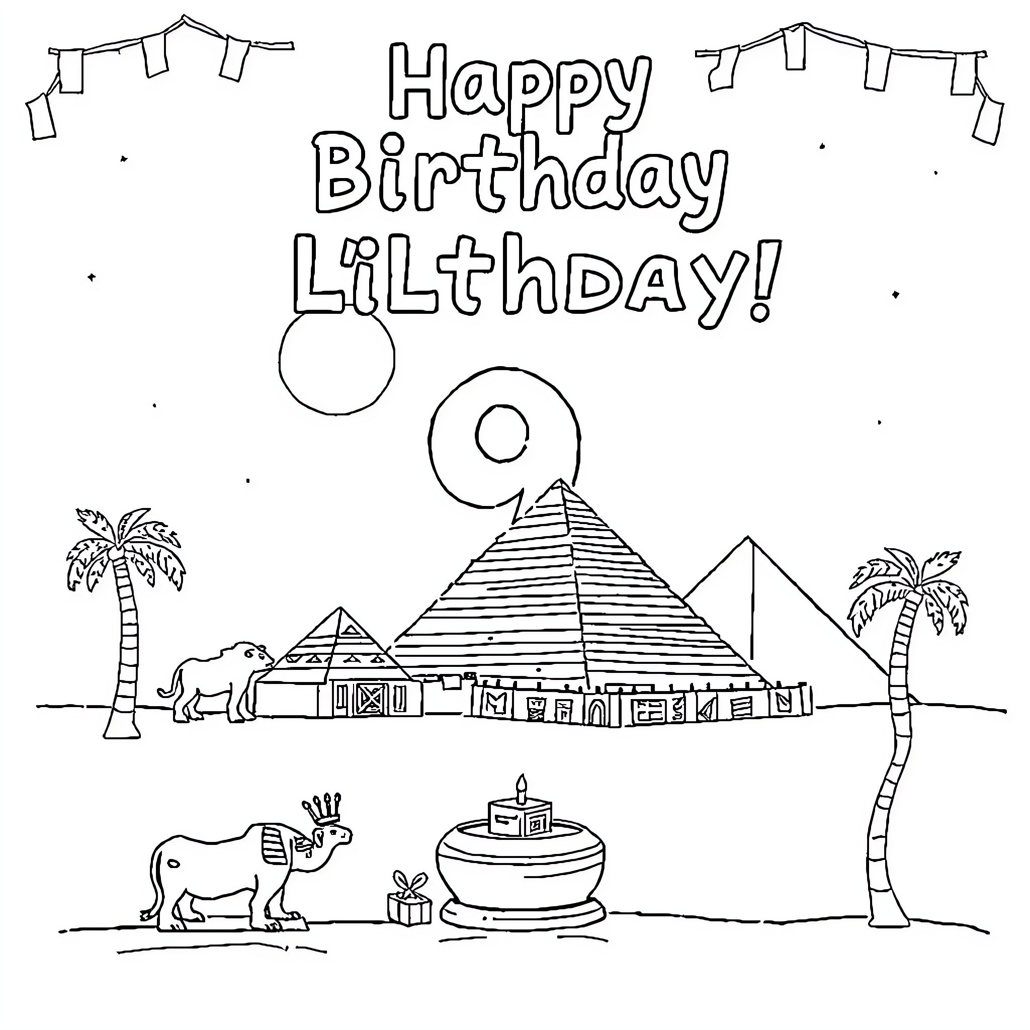 Egypt's birthday celebration with pyramids and animals Coloring Page (free black-and-white line drawing printable PDF for all, from beginners to advanced learners, including children, teens, adults, and seniors)