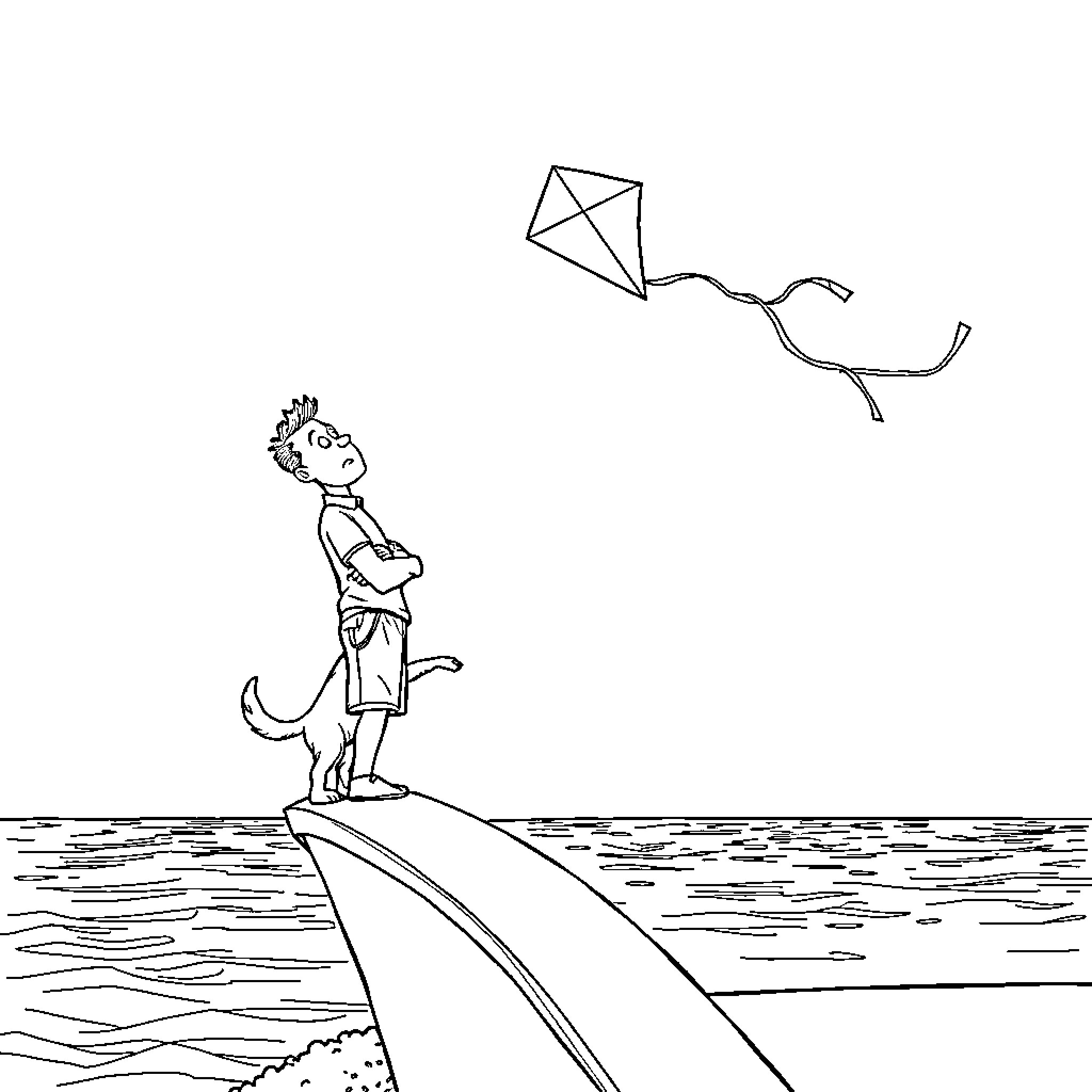 Man watching a kite fly in the wind Coloring Page (free black-and-white line drawing printable PDF for all, from beginners to advanced learners, including children, teens, adults, and seniors)