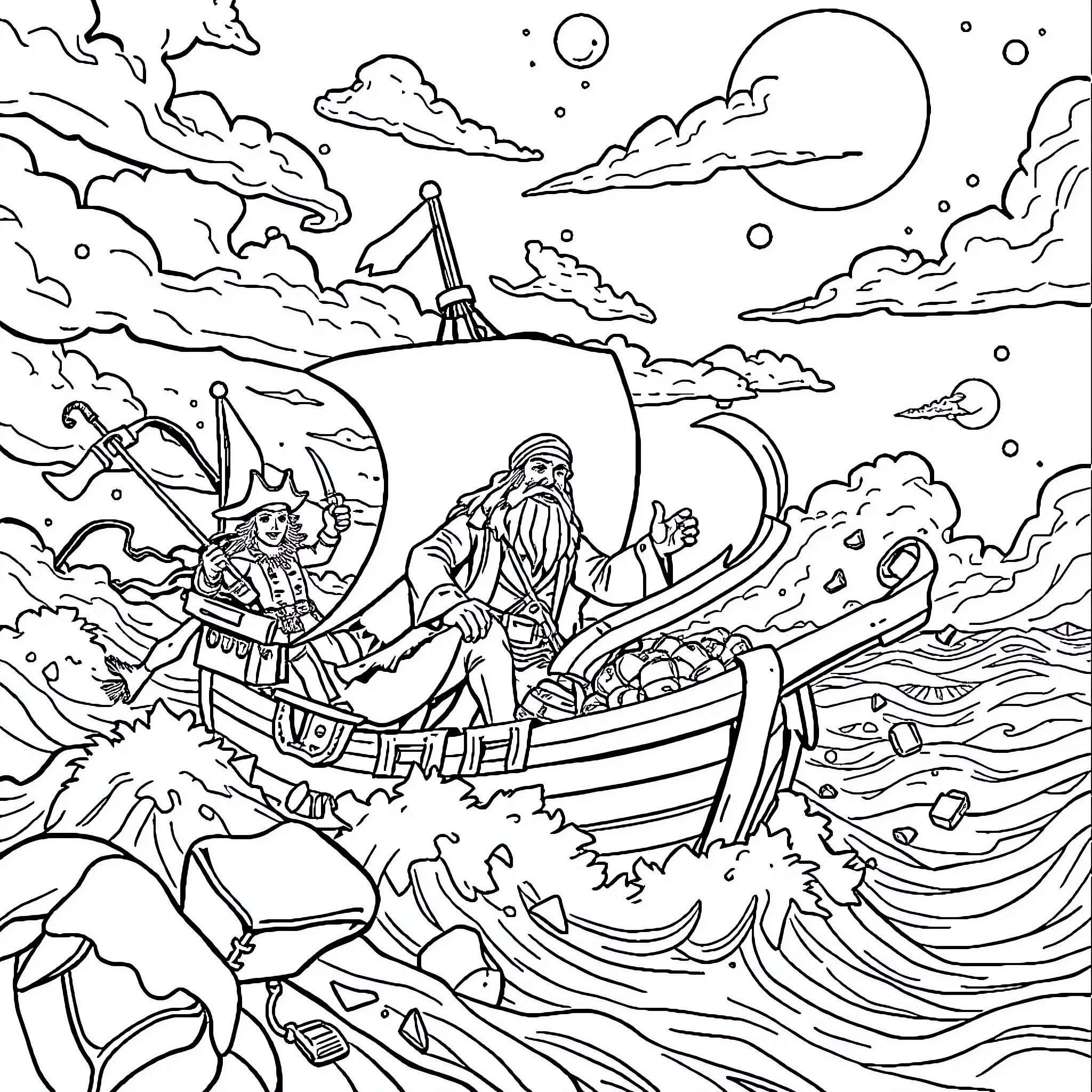 One Piece: Pirates Sailing Through Stormy Seas Coloring Page (free black-and-white line drawing printable PDF for all, from beginners to advanced learners, including children, teens, adults, and seniors)