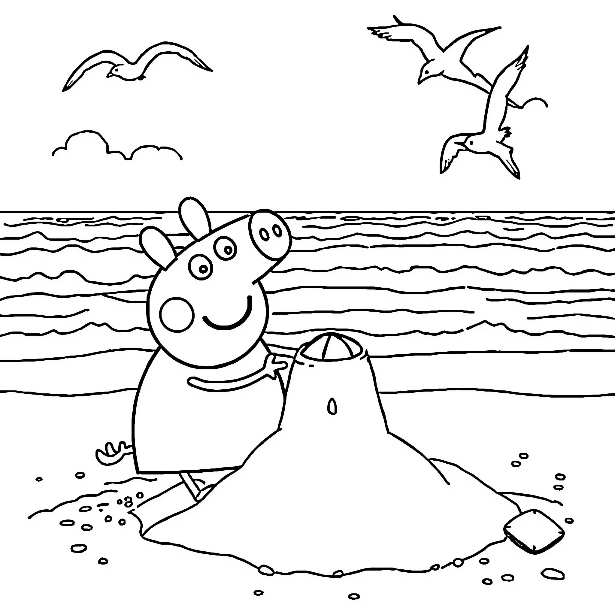 Peppa Pig's seaside adventure Coloring Page (free black-and-white line drawing printable PDF for all, from beginners to advanced learners, including children, teens, adults, and seniors)
