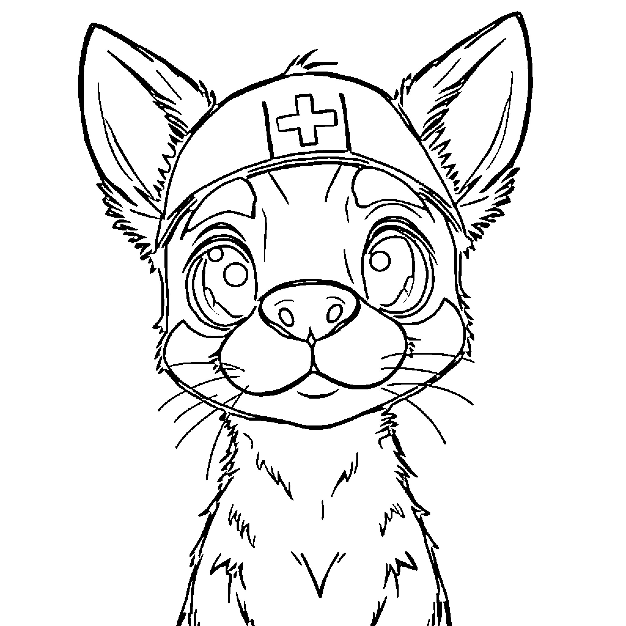 Chibi Dog Wearing a Nurse Cap with a Cross Coloring Page (free black-and-white line drawing printable PDF for all, from beginners to advanced learners, including children, teens, adults, and seniors)