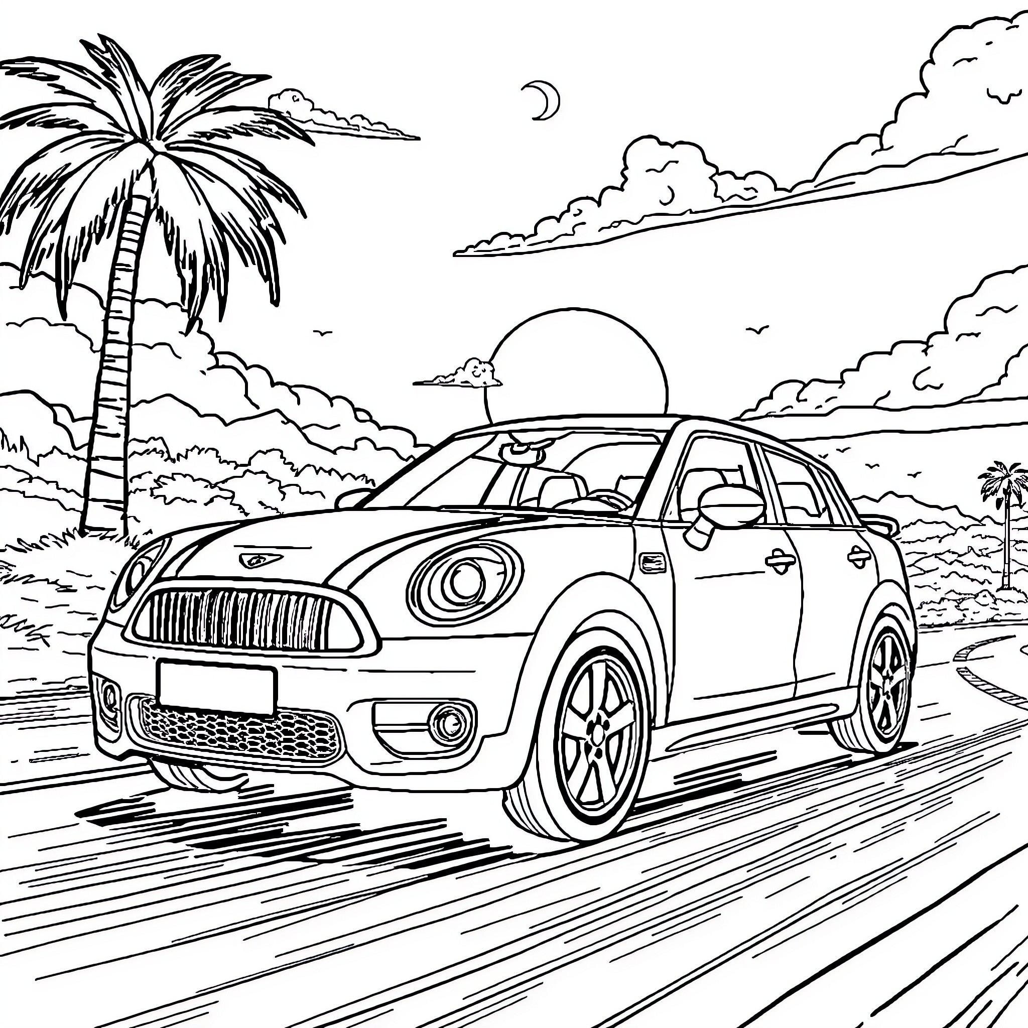 Car driving on tropical beach road Coloring Page (free black-and-white line drawing printable PDF for all, from beginners to advanced learners, including children, teens, adults, and seniors)