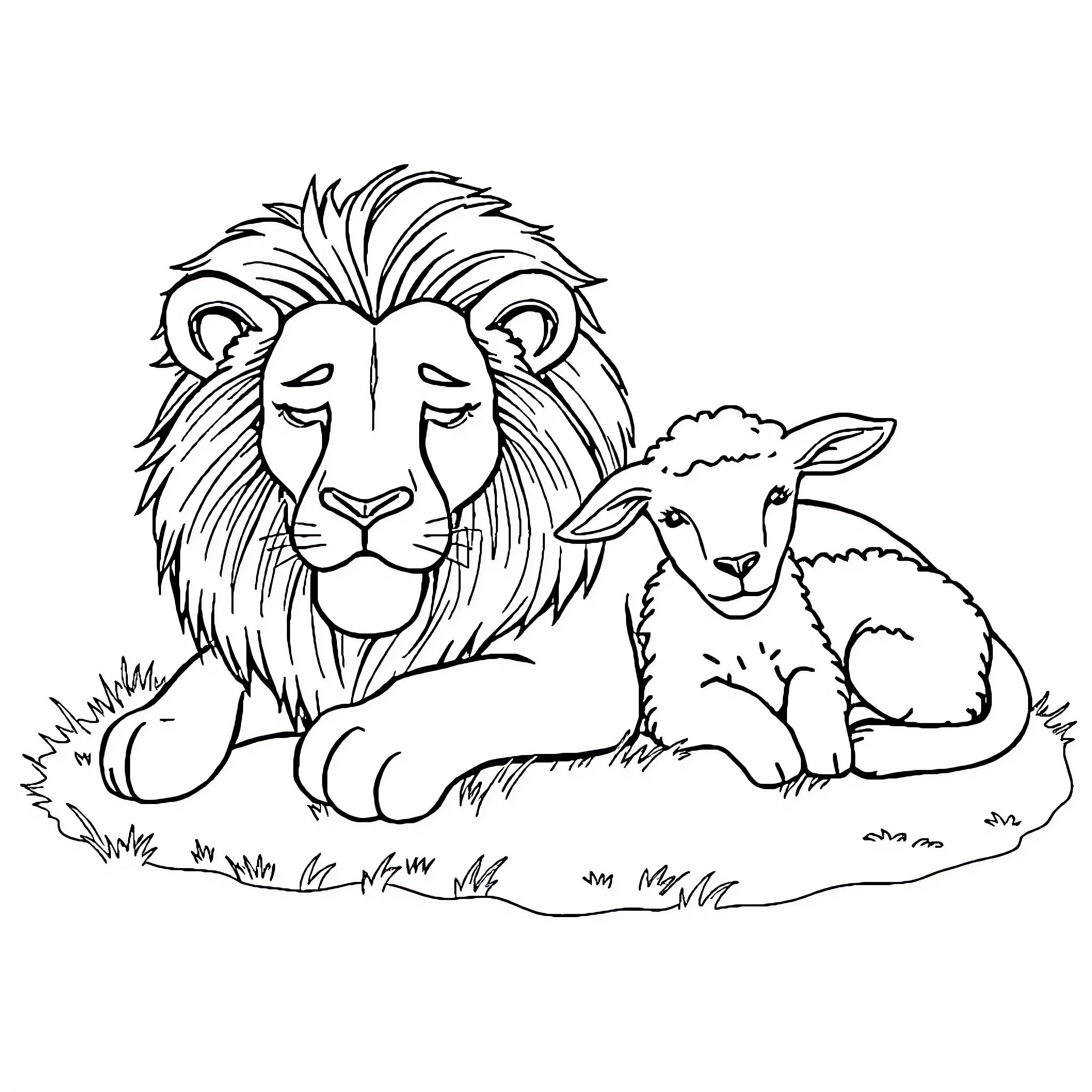 Lion and Lamb resting together peacefully Coloring Page (free black-and-white line drawing printable PDF for all, from beginners to advanced learners, including children, teens, adults, and seniors)