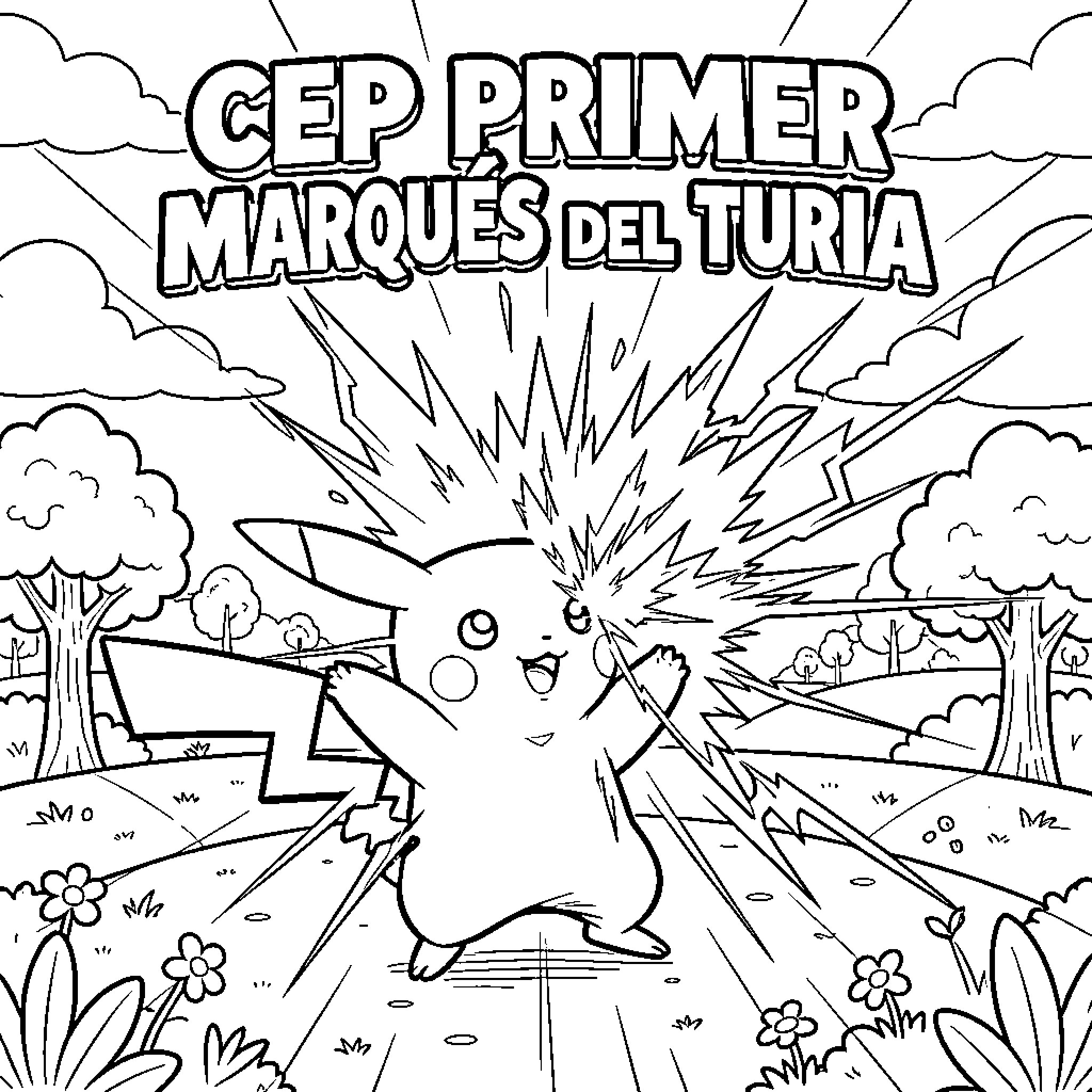 Pikachu enjoying an adventure in the wilderness Coloring Page (free black-and-white line drawing printable PDF for all, from beginners to advanced learners, including children, teens, adults, and seniors)