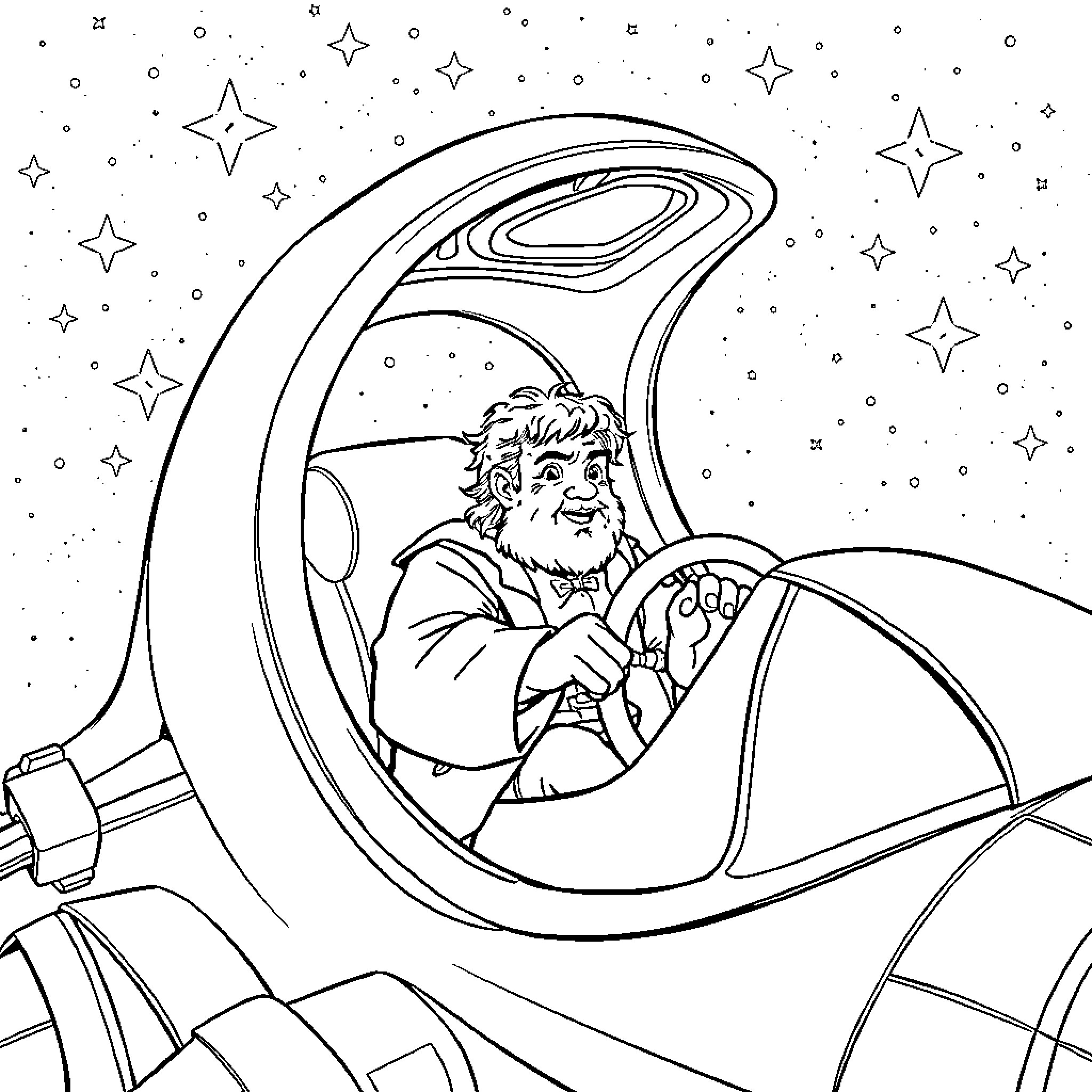 Bilbo Baggins exploring the cosmic landscape in his spaceship Coloring Page (free black-and-white line drawing printable PDF for all, from beginners to advanced learners, including children, teens, adults, and seniors)