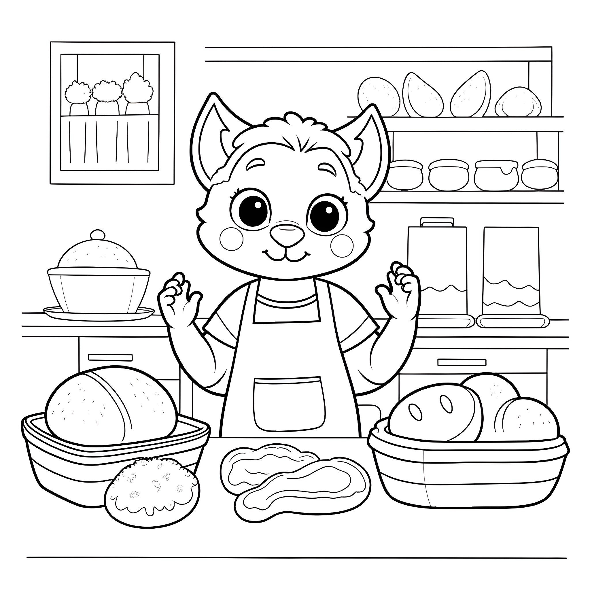 Bluey Cooks Up a Baking Adventure Coloring Page (free black-and-white line drawing printable PDF for all, from beginners to advanced learners, including children, teens, adults, and seniors)