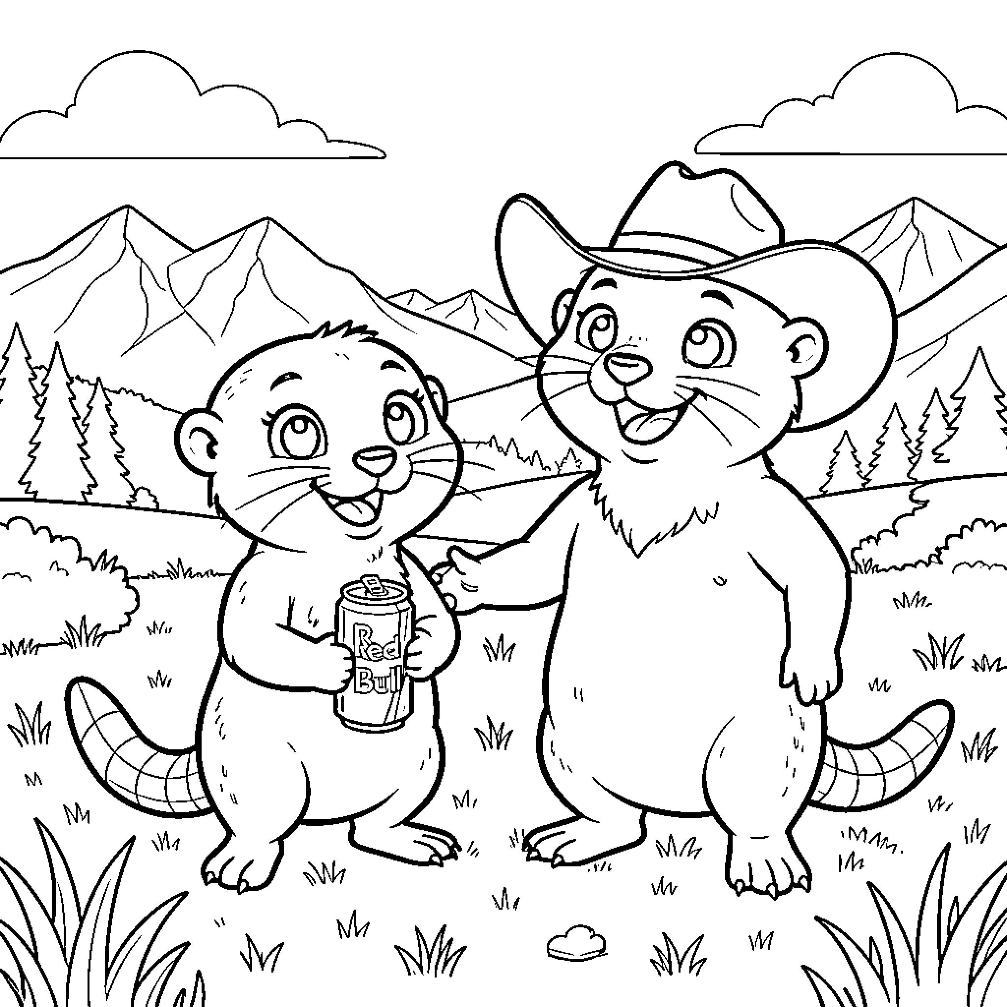 Otter friends exploring the outdoors together Coloring Page (free black-and-white line drawing printable PDF for all, from beginners to advanced learners, including children, teens, adults, and seniors)