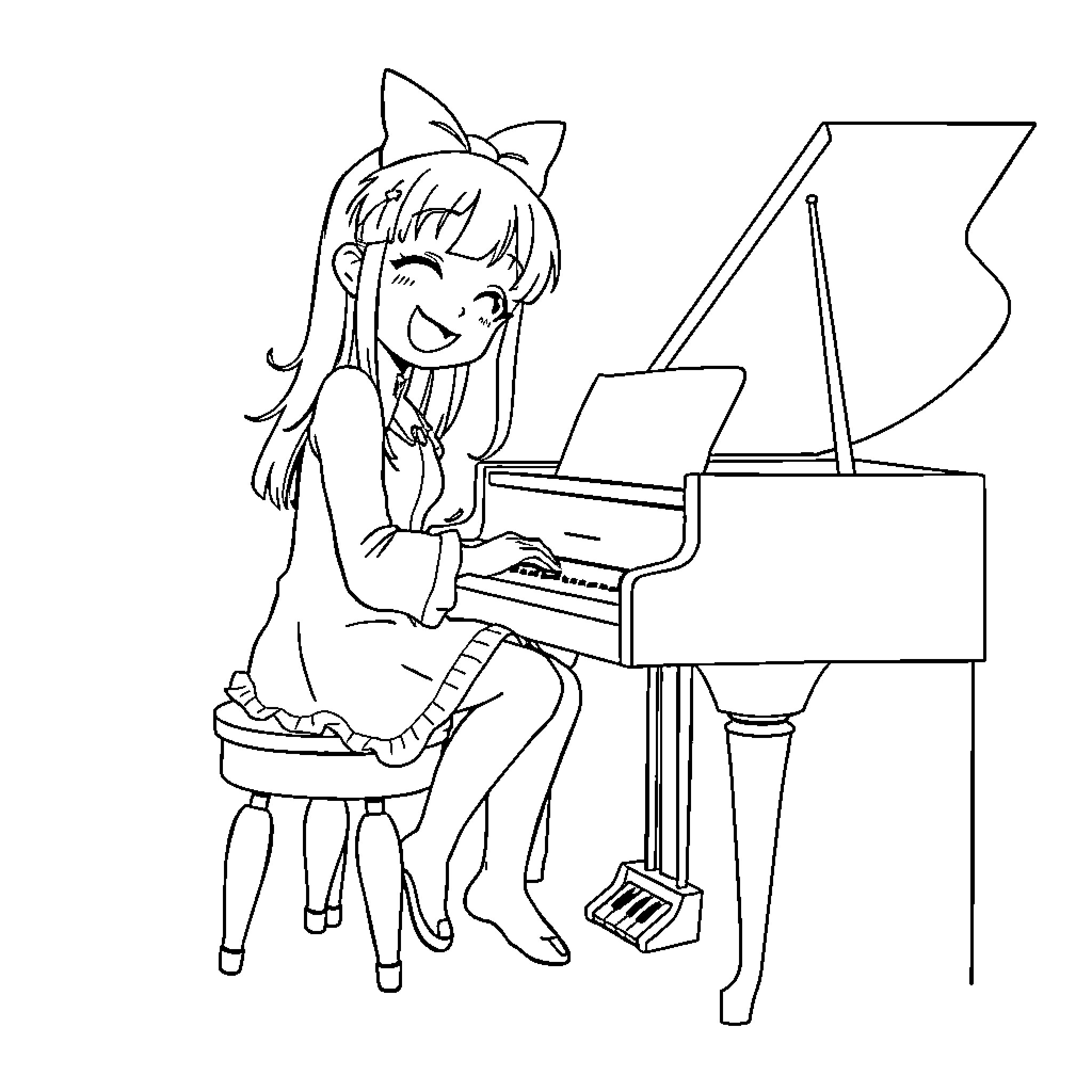 Kuromi playing piano with enthusiasm Coloring Page (free black-and-white line drawing printable PDF for all, from beginners to advanced learners, including children, teens, adults, and seniors)
