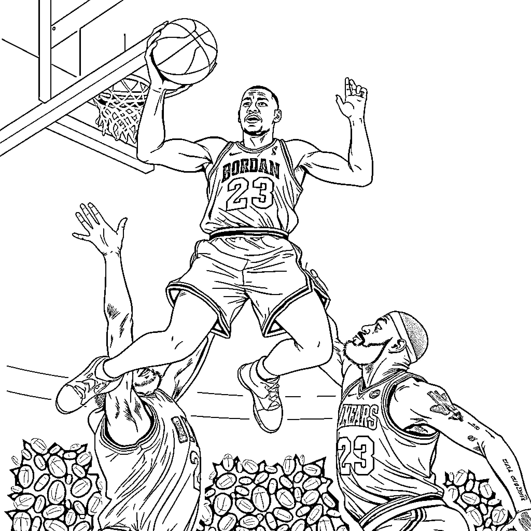 Jordan's Dunking Dominance on the Basketball Court Coloring Page (free black-and-white line drawing printable PDF for all, from beginners to advanced learners, including children, teens, adults, and seniors)