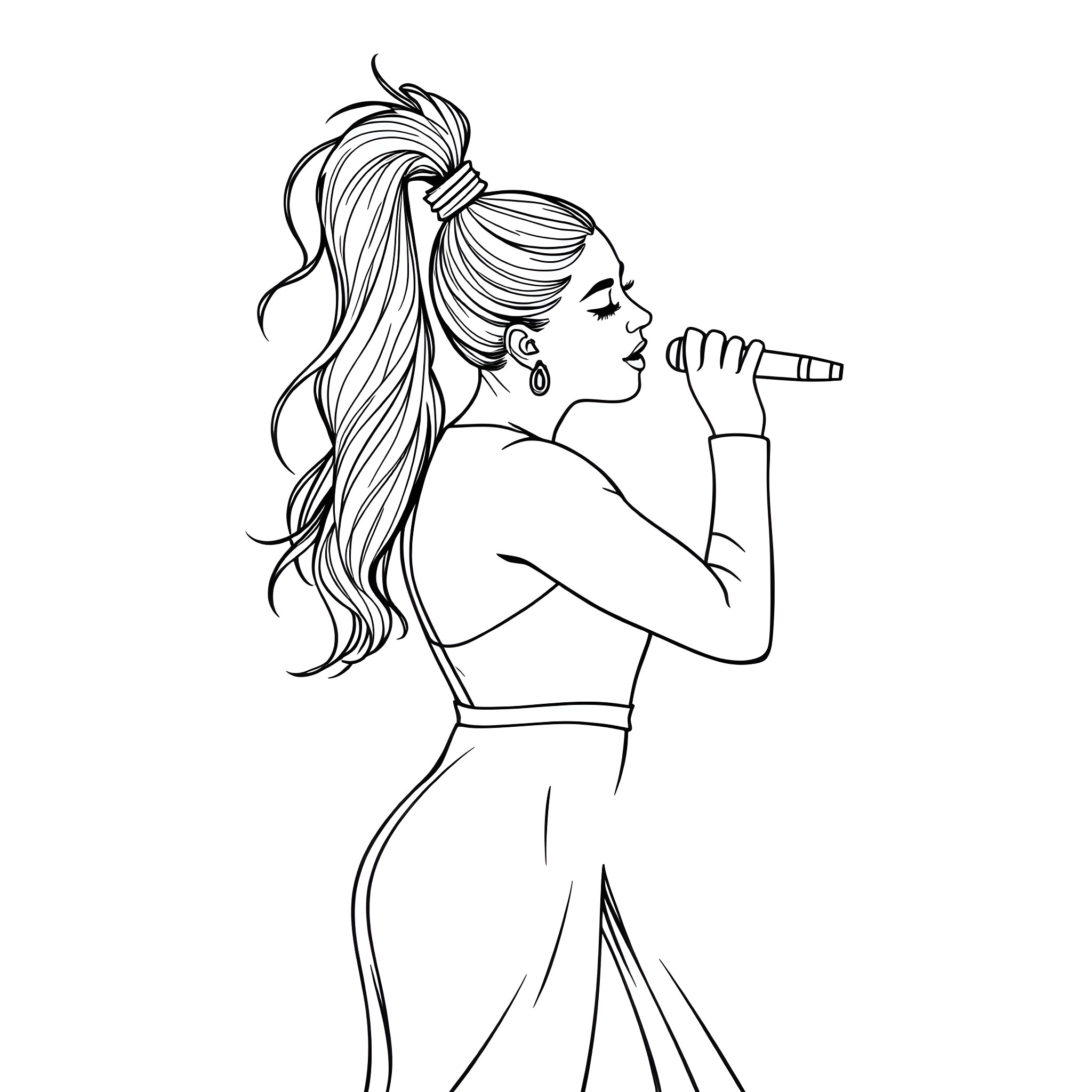 Ariana Grande singing passionately on stage Coloring Page (free black-and-white line drawing printable PDF for all, from beginners to advanced learners, including children, teens, adults, and seniors)