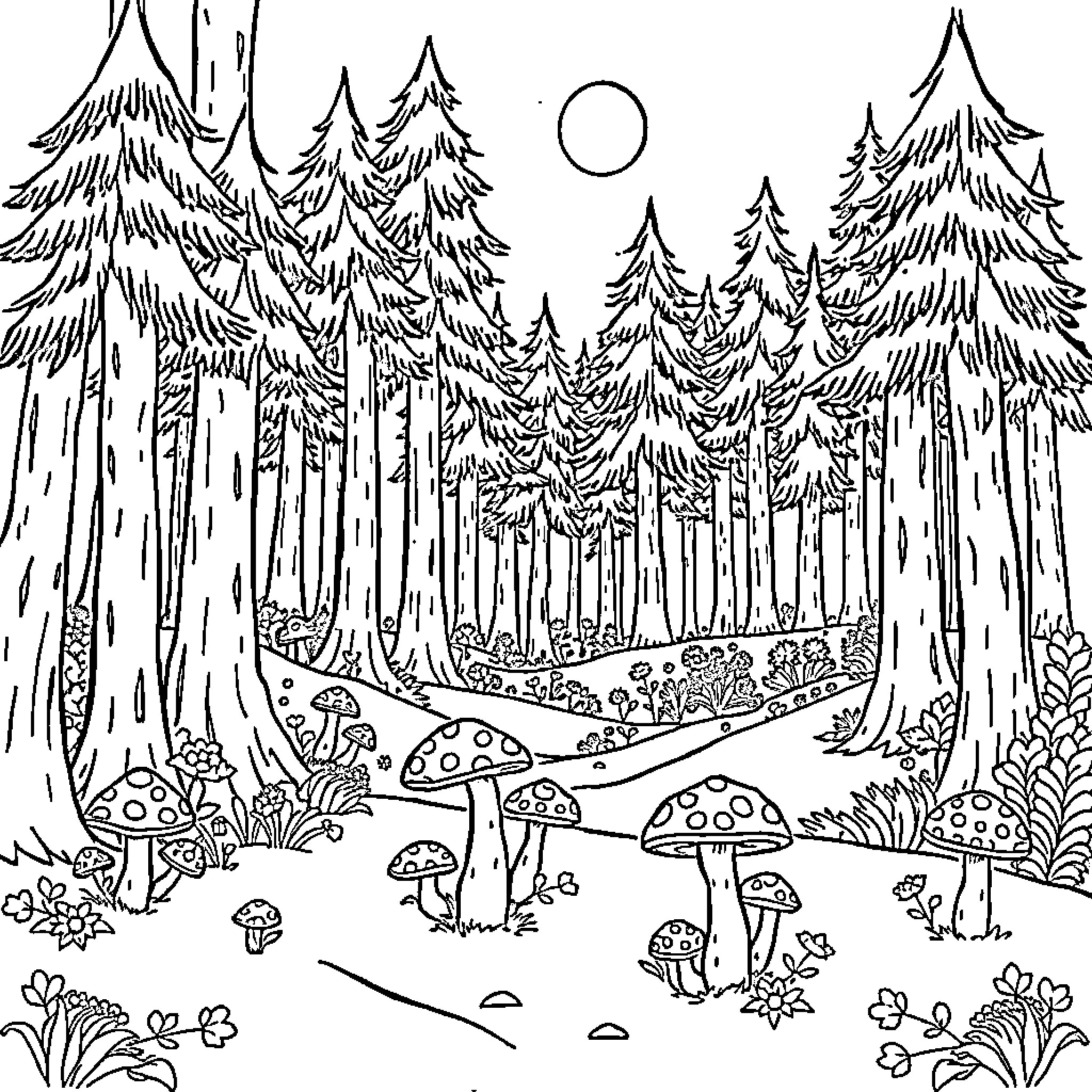 Mushroom Fantasy Forest Scene Coloring Page (free black-and-white line drawing printable PDF for all, from beginners to advanced learners, including children, teens, adults, and seniors)