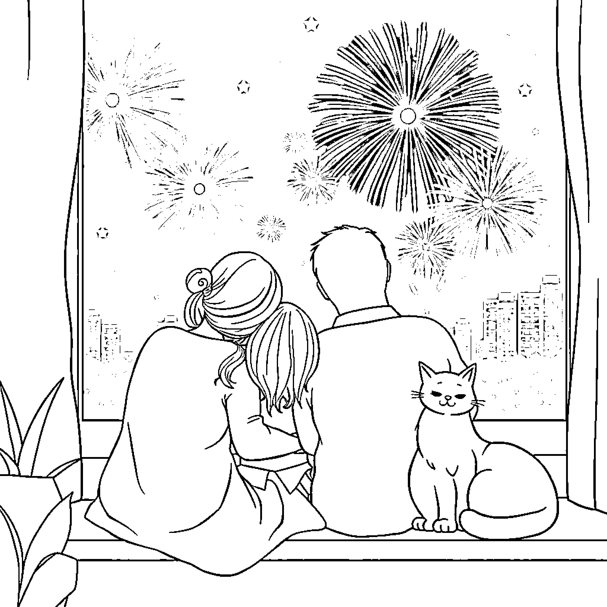 Family Watching Festive Fireworks Display Coloring Page (free black-and-white line drawing printable PDF for all, from beginners to advanced learners, including children, teens, adults, and seniors)