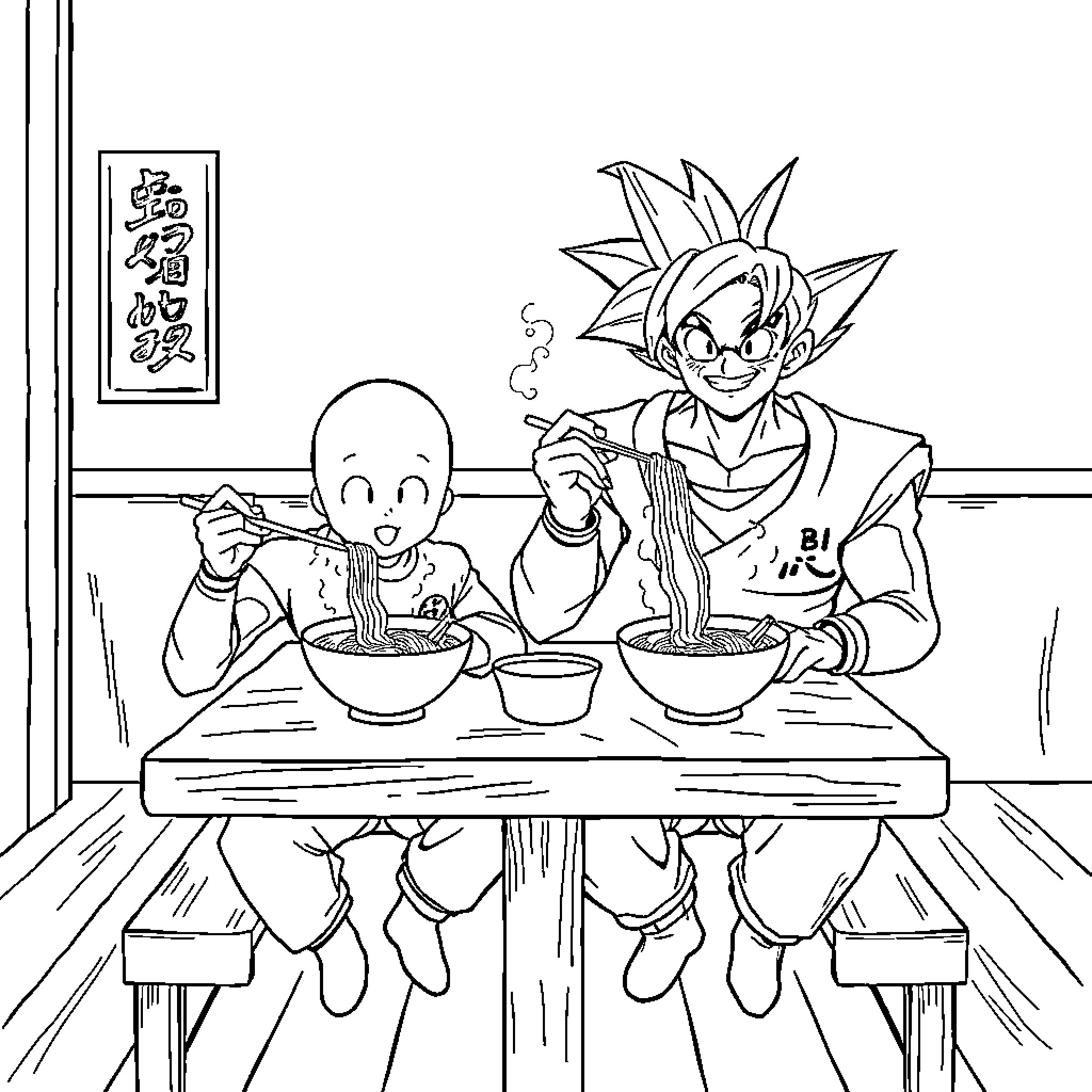 Saitama enjoying a meal with a companion Coloring Page (free black-and-white line drawing printable PDF for all, from beginners to advanced learners, including children, teens, adults, and seniors)