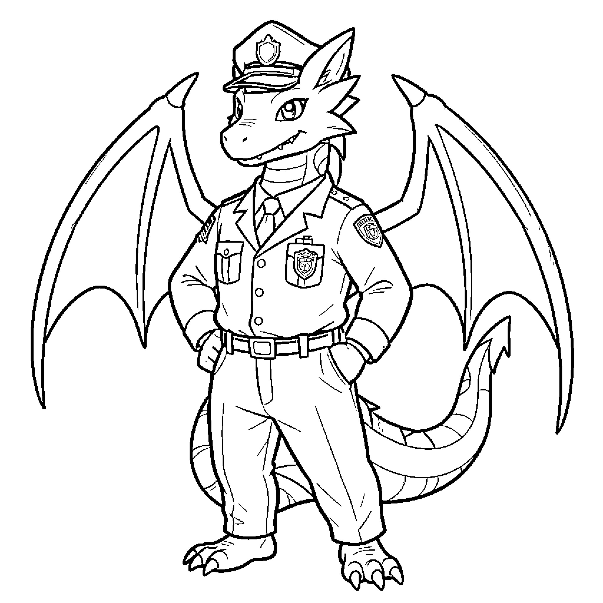 Dracaufeu standing proudly in a police officer uniform Coloring Page (free black-and-white line drawing printable PDF for all, from beginners to advanced learners, including children, teens, adults, and seniors)