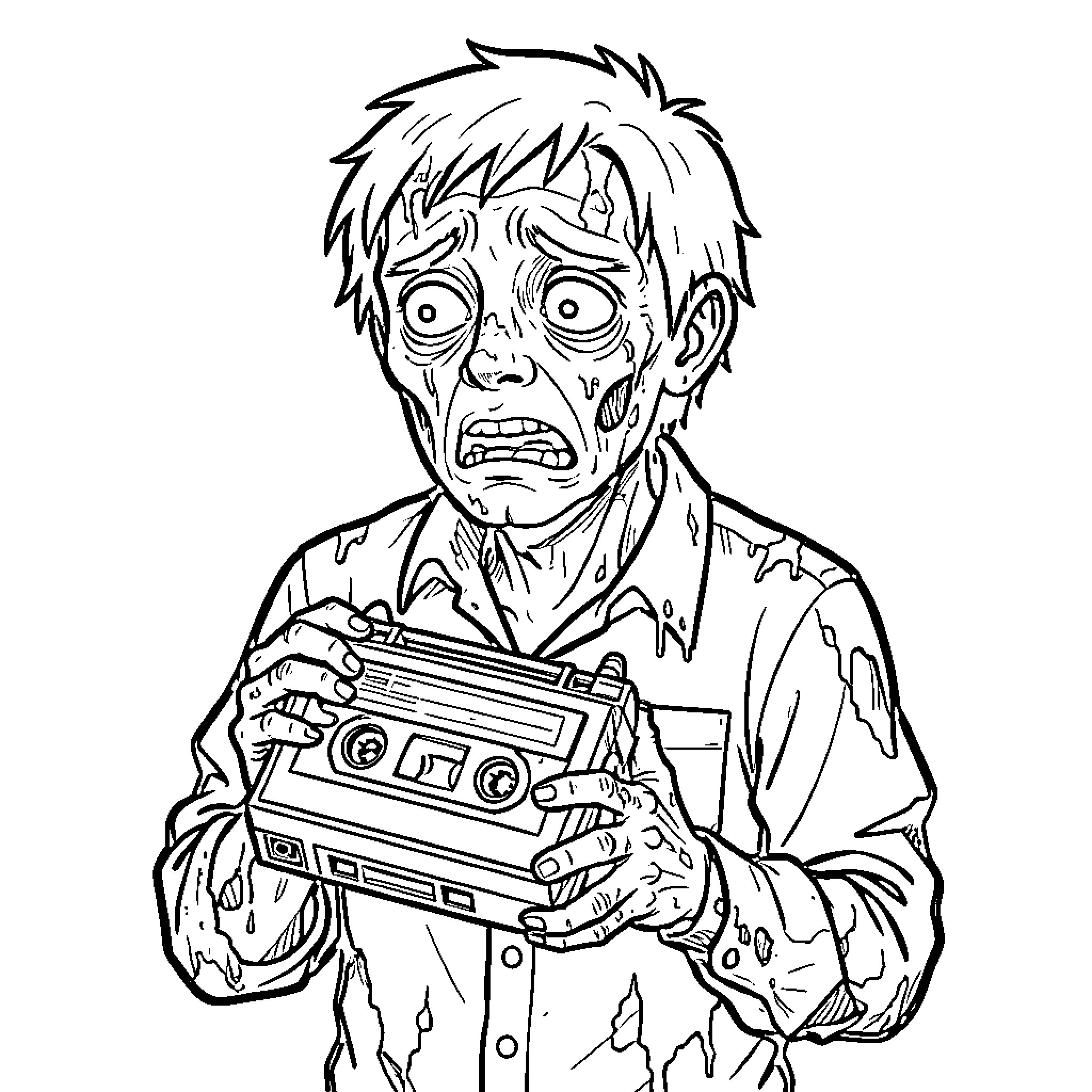 Zombie looking terrified while holding a cassette player Coloring Page (free black-and-white line drawing printable PDF for all, from beginners to advanced learners, including children, teens, adults, and seniors)