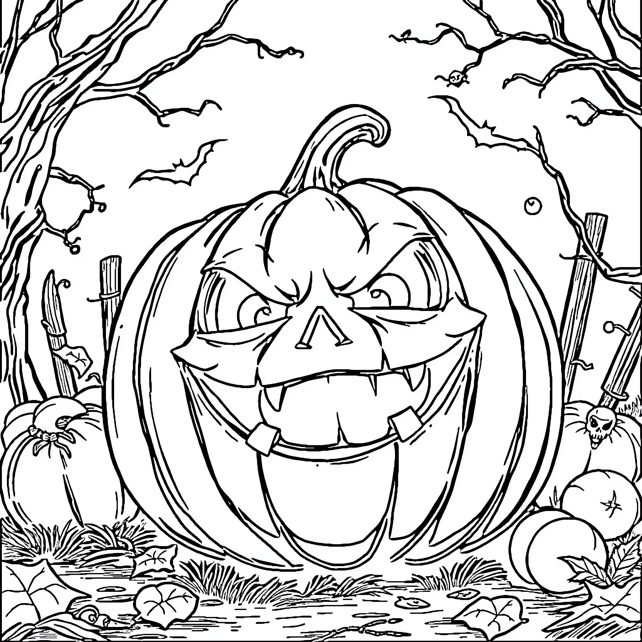 Pumpkin with a Spooky Expression in the Haunting Forest Coloring Page (free black-and-white line drawing printable PDF for all, from beginners to advanced learners, including children, teens, adults, and seniors)