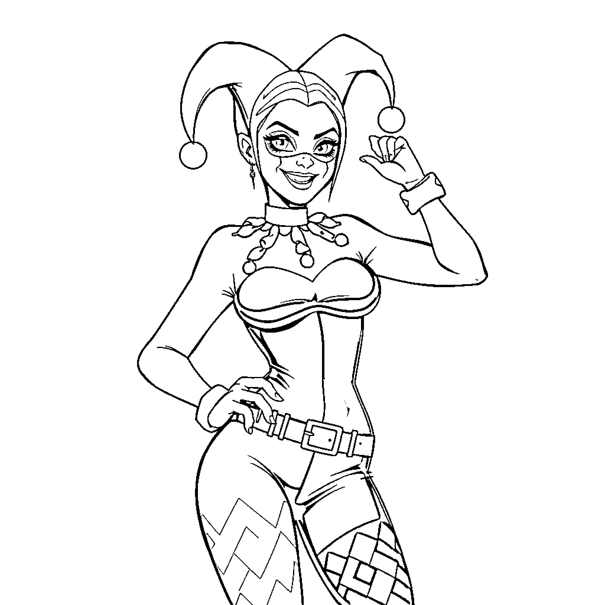 Harley Quinn in Playful Jester Outfit Coloring Page (free black-and-white line drawing printable PDF for all, from beginners to advanced learners, including children, teens, adults, and seniors)